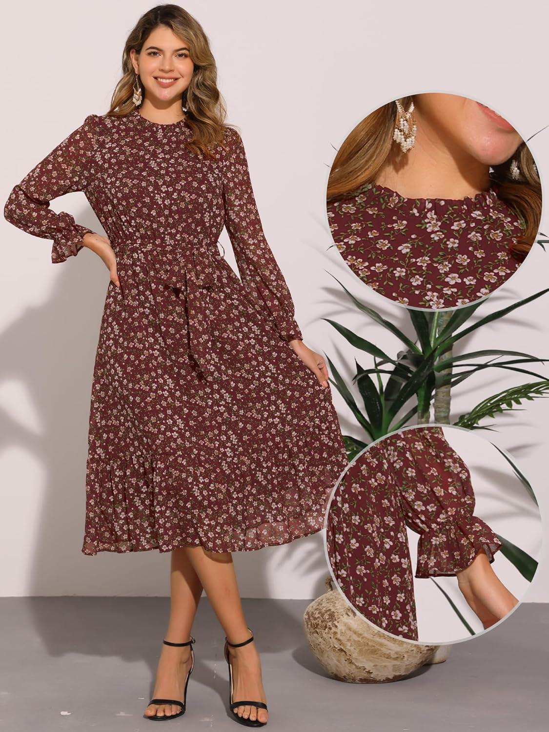 imageAllegra K Fall Casual Floral Dress for Women 2025 Long Sleeve Crew Neck Chiffon Midi Tea Party Ruffle DressesWine Red