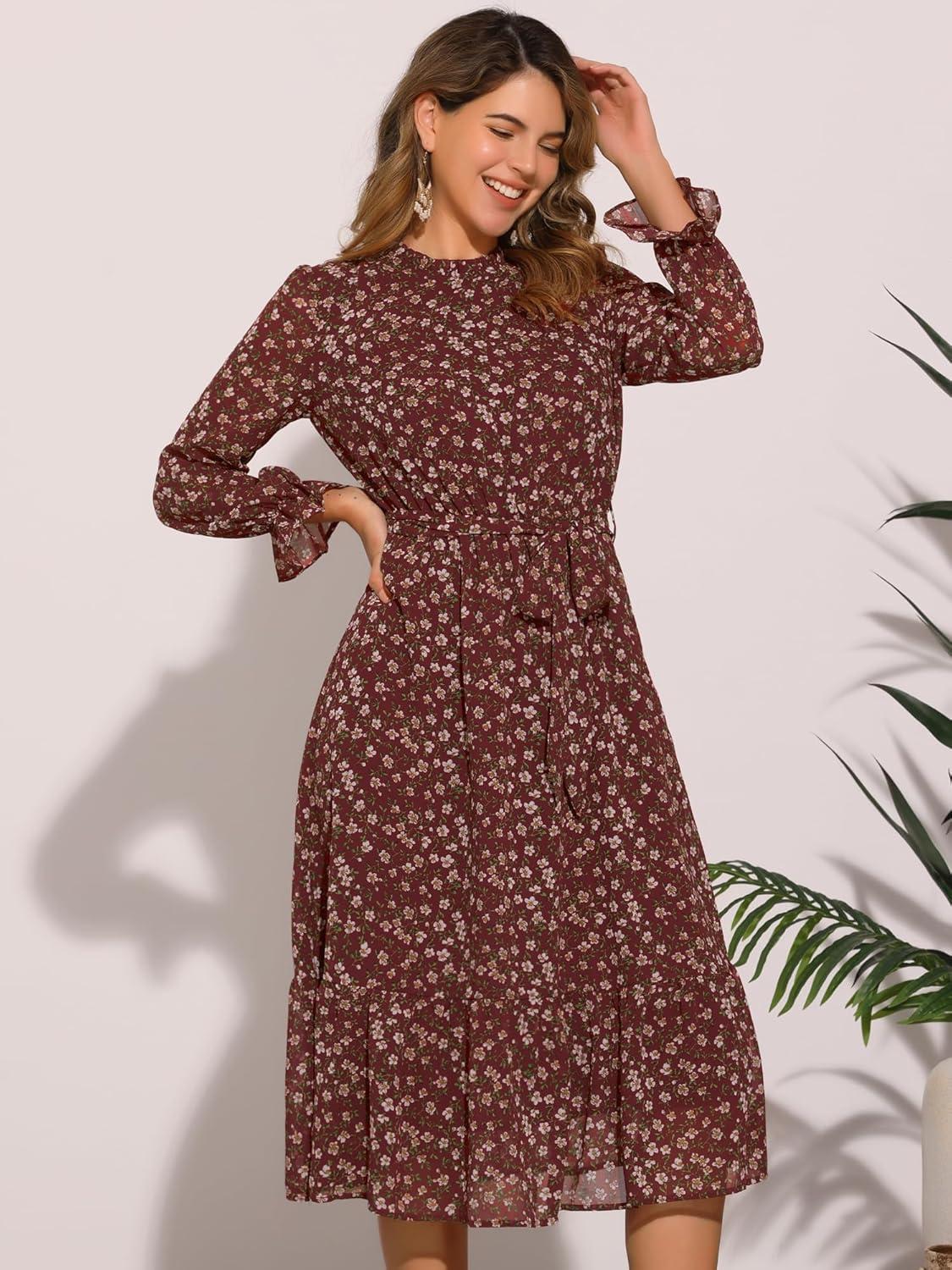 imageAllegra K Fall Casual Floral Dress for Women 2025 Long Sleeve Crew Neck Chiffon Midi Tea Party Ruffle DressesWine Red