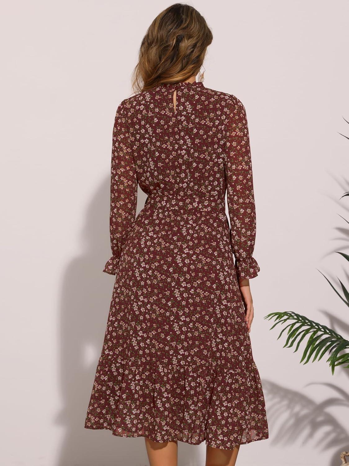 imageAllegra K Fall Casual Floral Dress for Women 2025 Long Sleeve Crew Neck Chiffon Midi Tea Party Ruffle DressesWine Red