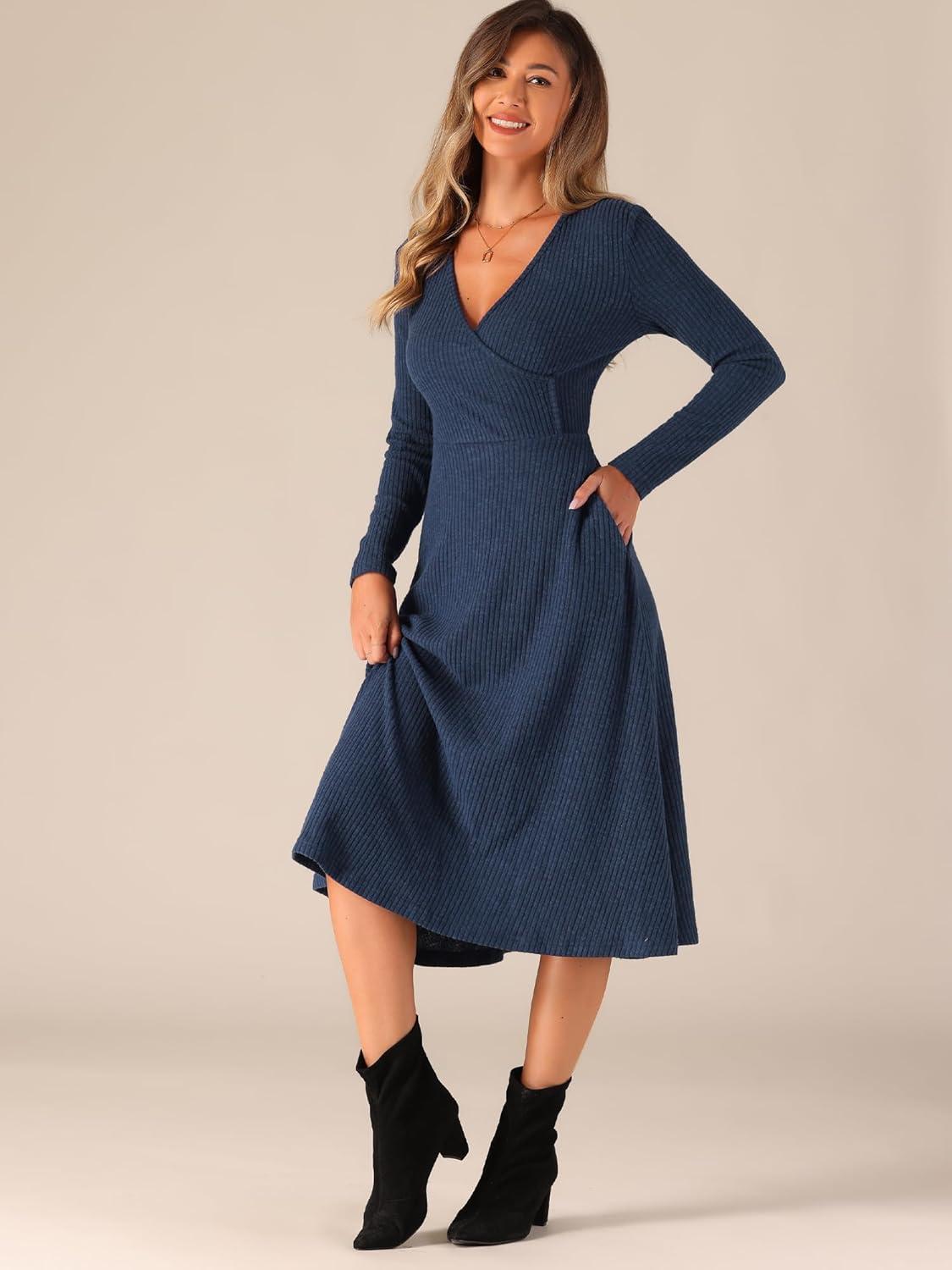imageAllegra K Fall Long Sleeve Dresses for Womens Ribbed ALine Midi DressNavy Blue