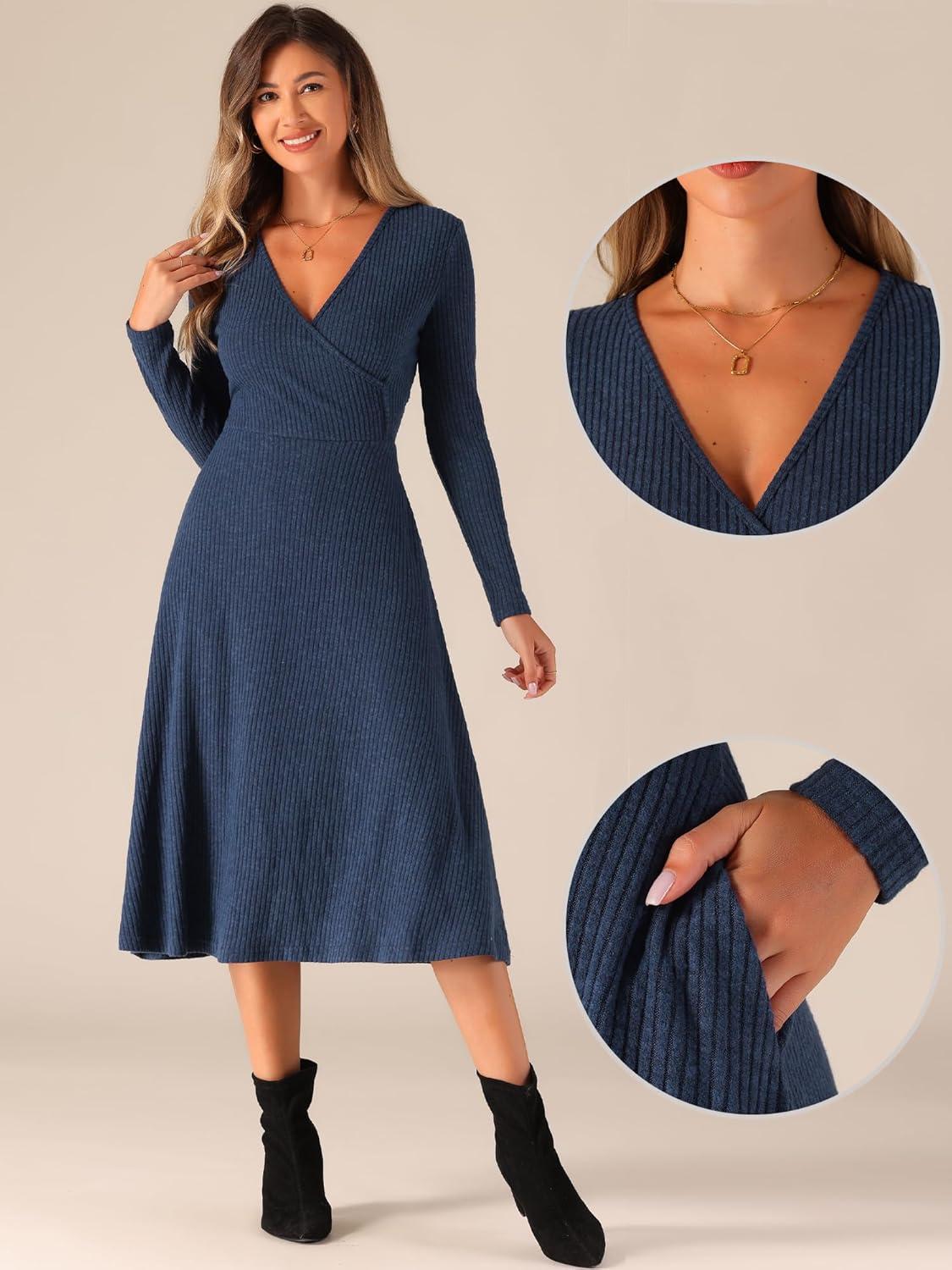 imageAllegra K Fall Long Sleeve Dresses for Womens Ribbed ALine Midi DressNavy Blue