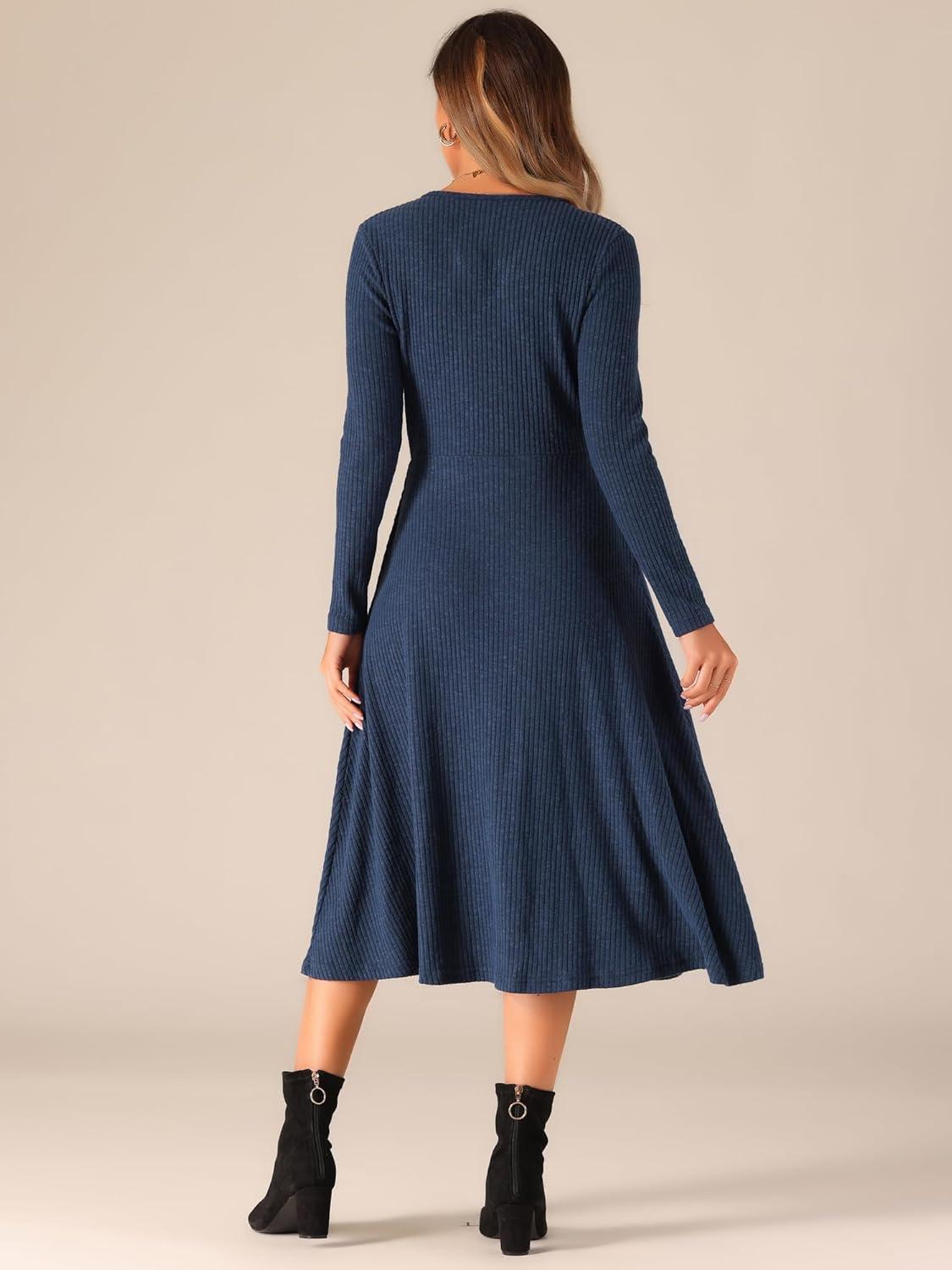 imageAllegra K Fall Long Sleeve Dresses for Womens Ribbed ALine Midi DressNavy Blue