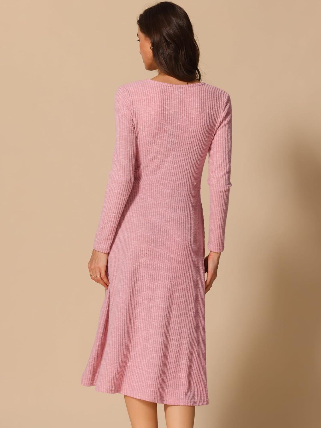 imageAllegra K Fall Long Sleeve Dresses for Womens Ribbed ALine Midi DressPink