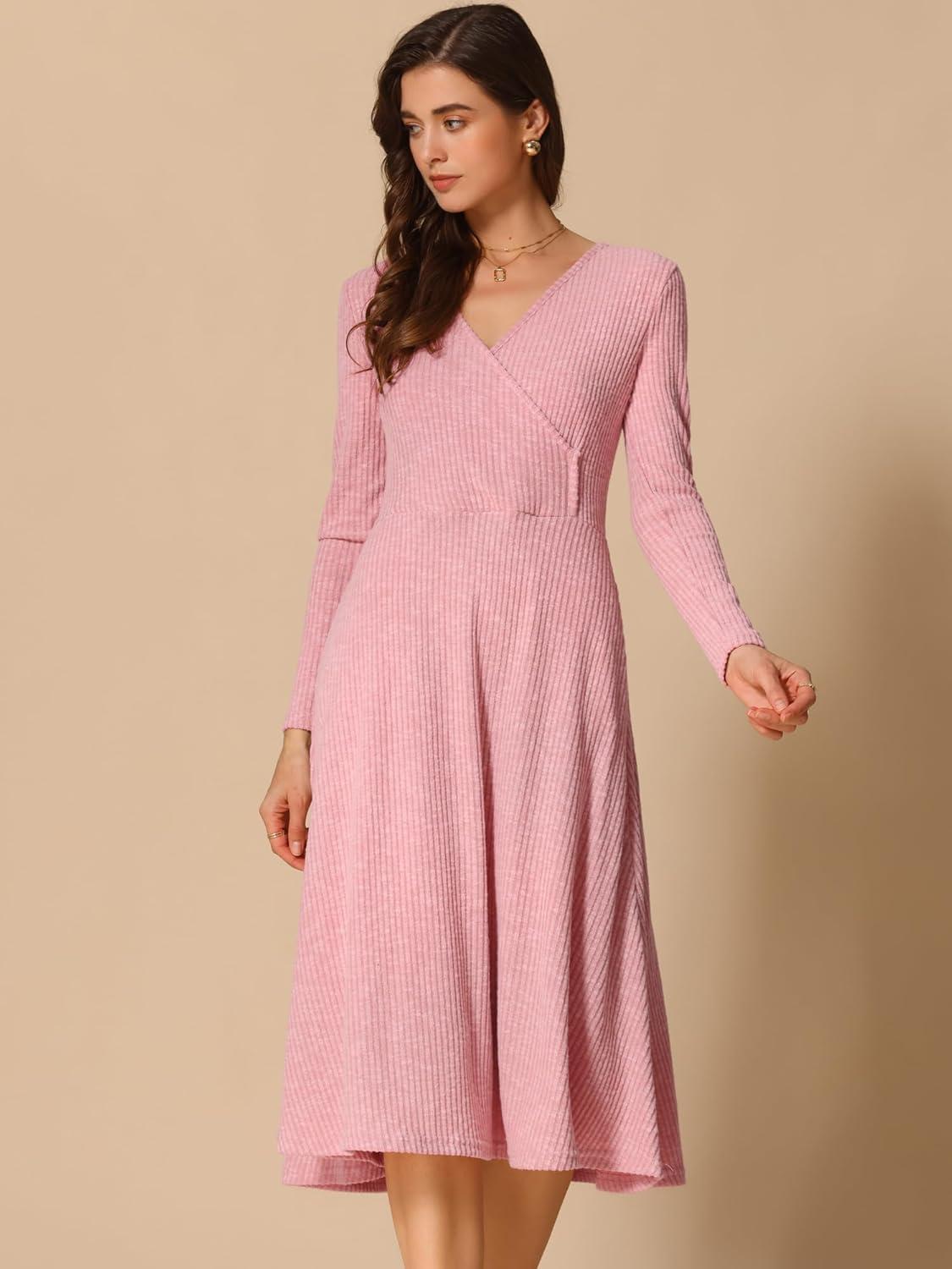 imageAllegra K Fall Long Sleeve Dresses for Womens Ribbed ALine Midi DressPink