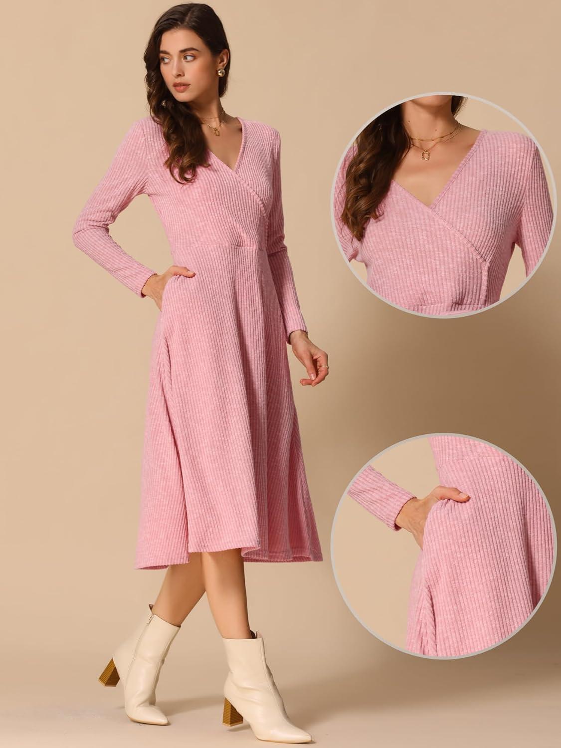 imageAllegra K Fall Long Sleeve Dresses for Womens Ribbed ALine Midi DressPink