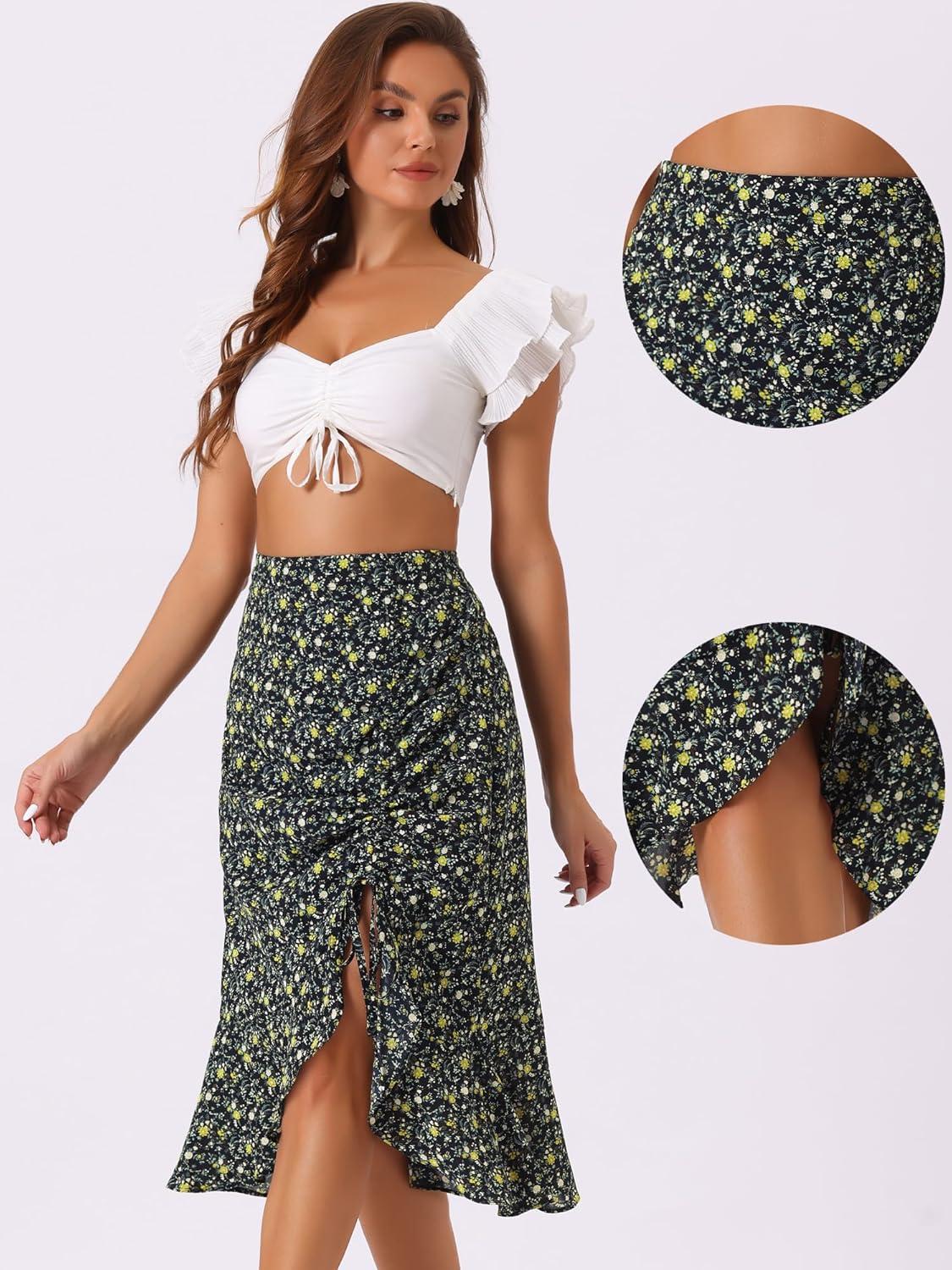 imageAllegra K Floral Midi Skirt for Womens Summer Casual Drawstring Side Ruffled SkirtsBlack
