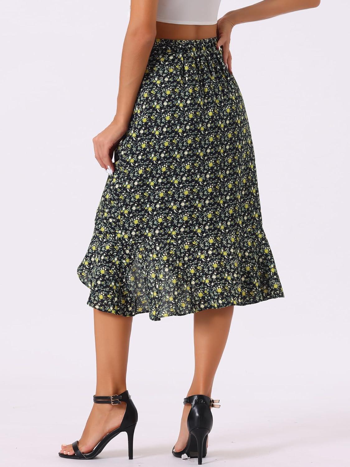 imageAllegra K Floral Midi Skirt for Womens Summer Casual Drawstring Side Ruffled SkirtsBlack