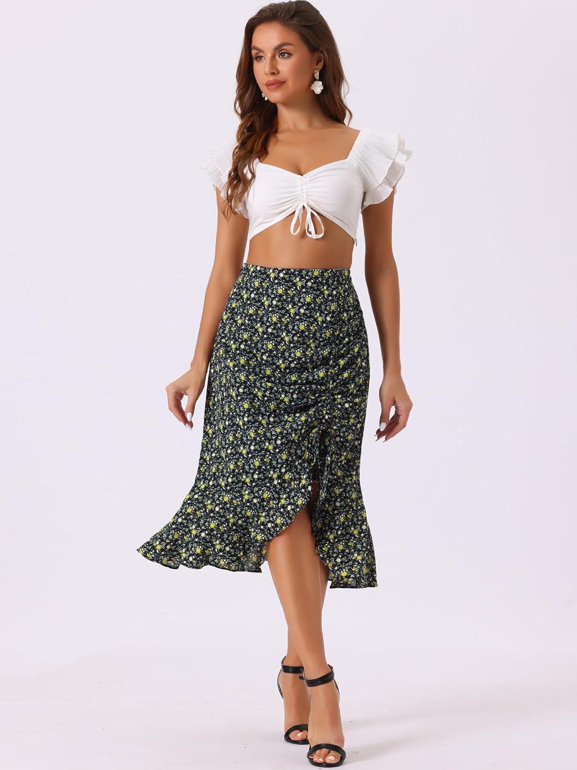 imageAllegra K Floral Midi Skirt for Womens Summer Casual Drawstring Side Ruffled SkirtsBlack