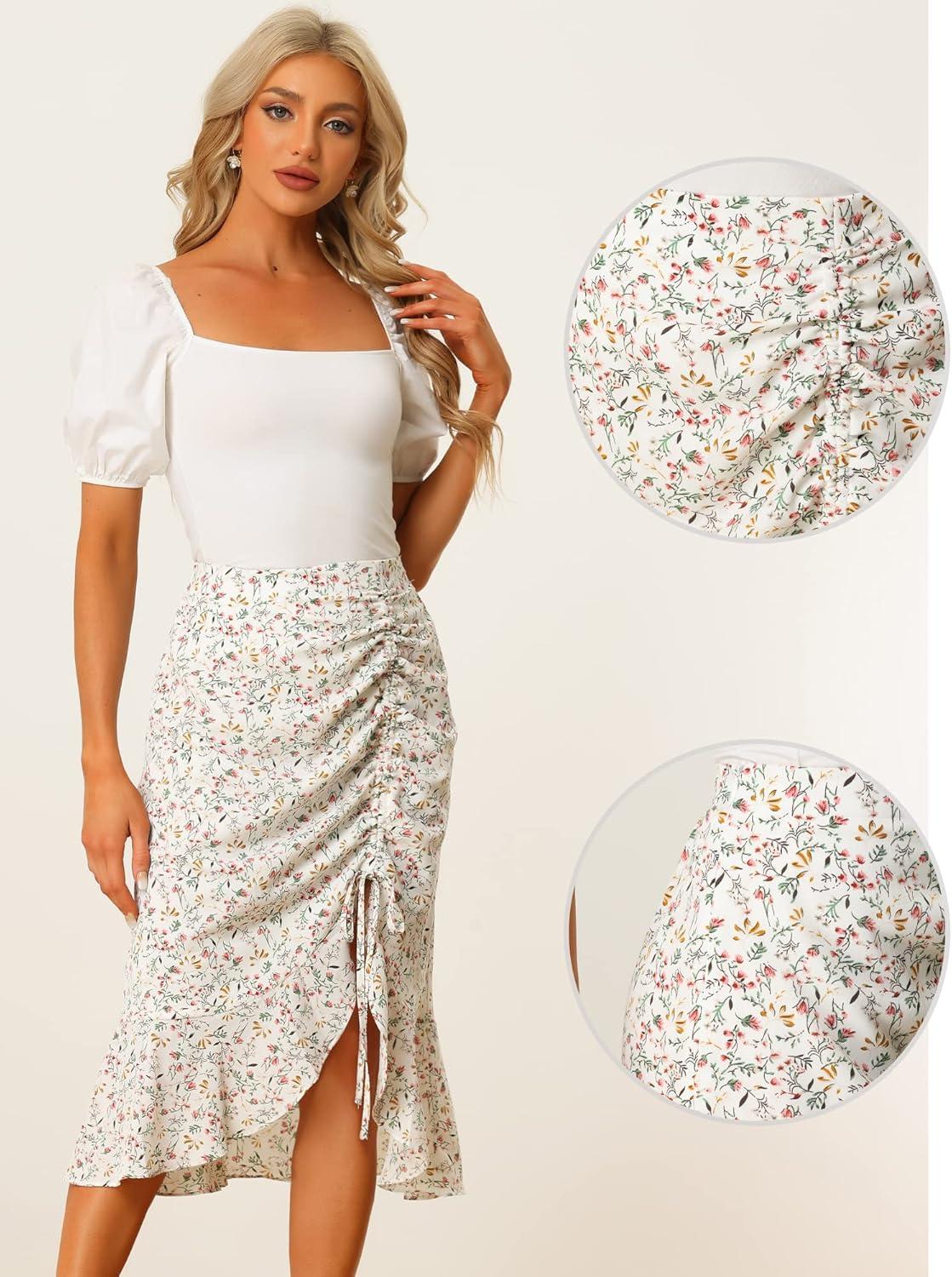 imageAllegra K Floral Midi Skirt for Womens Summer Casual Drawstring Side Ruffled SkirtsWhite