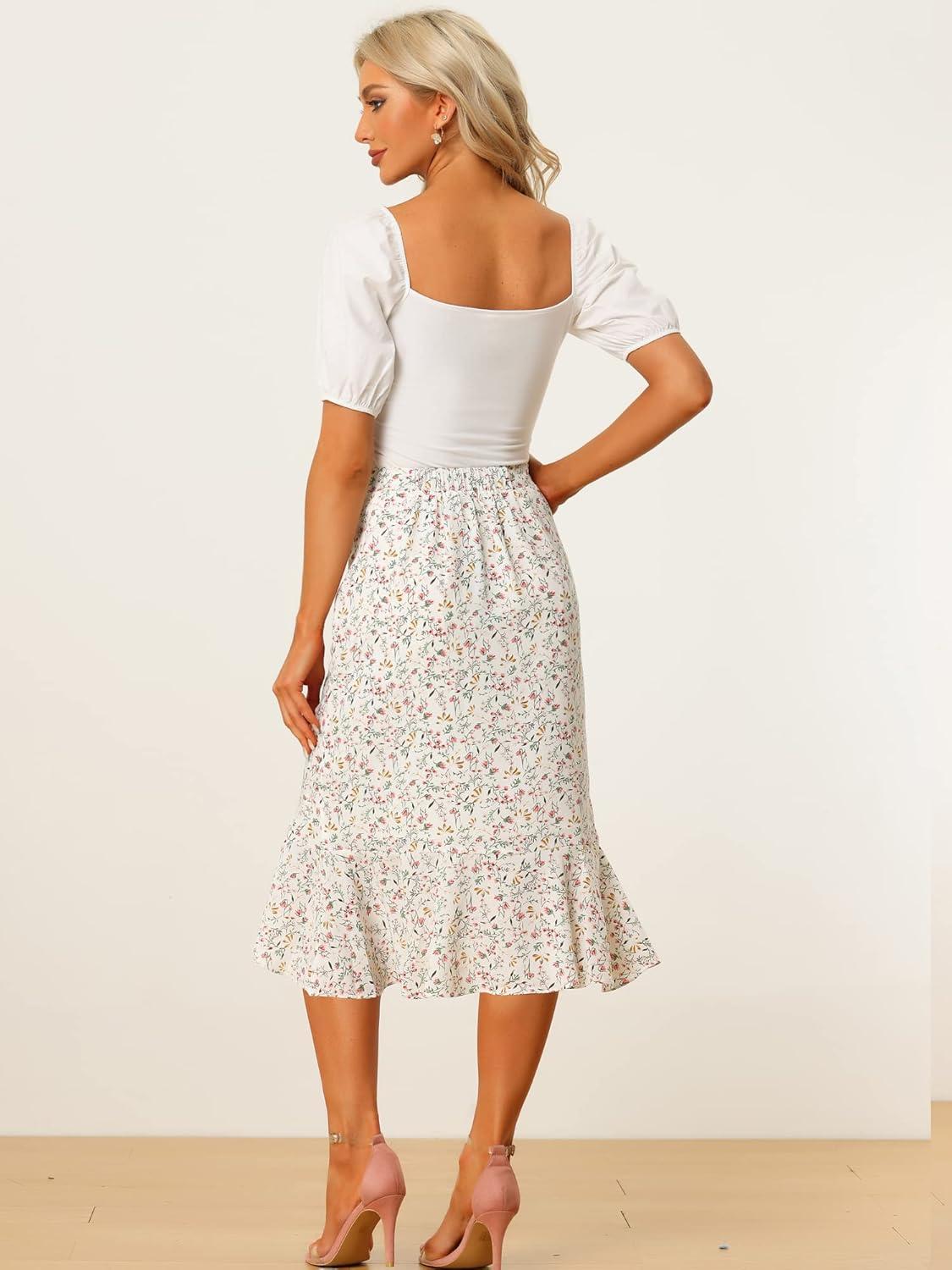 imageAllegra K Floral Midi Skirt for Womens Summer Casual Drawstring Side Ruffled SkirtsWhite