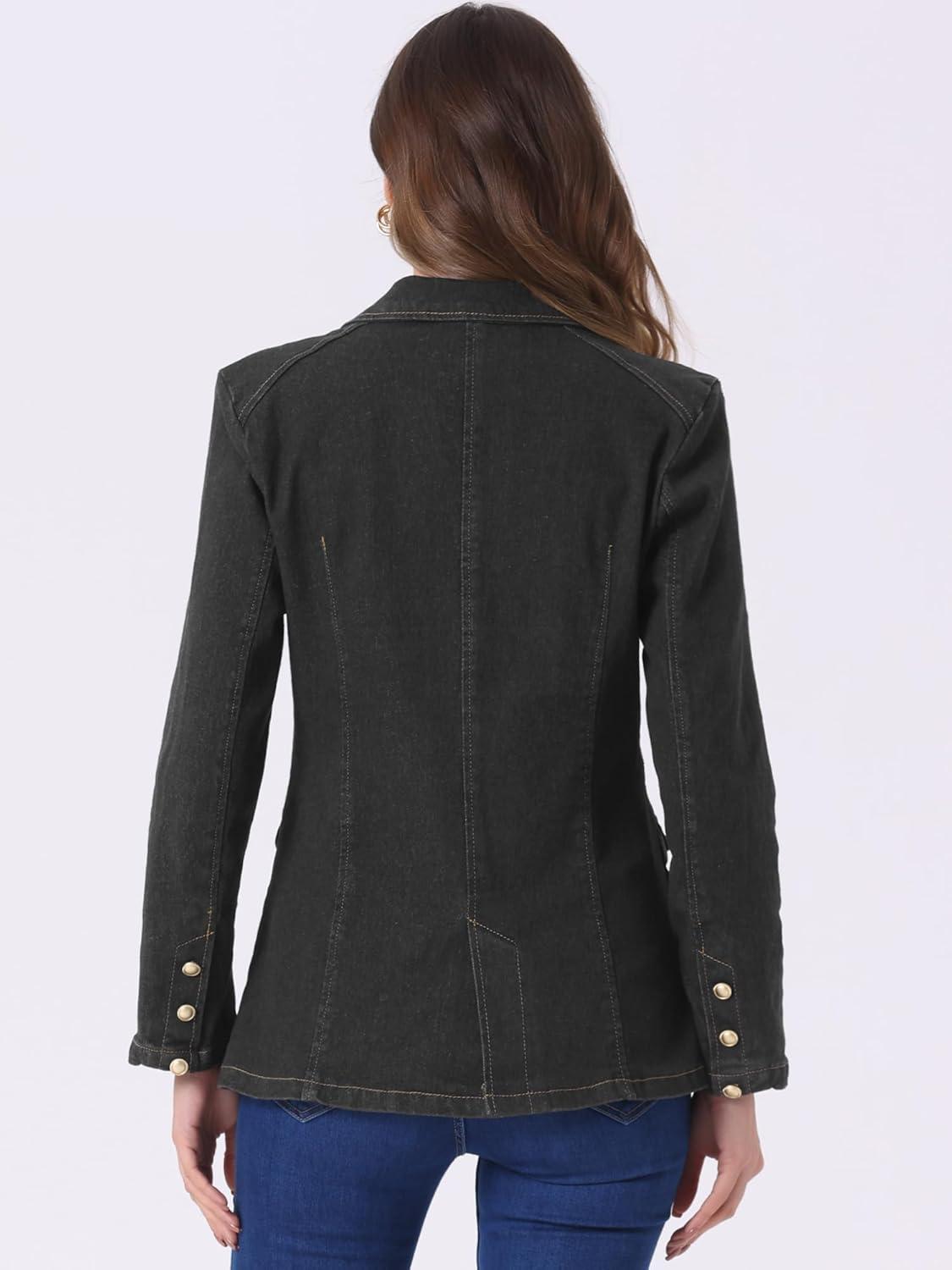 imageAllegra K Notched Lapel Blazer for Womens Denim Single Breasted Shoulder Pad Business Casual JacketsBlack