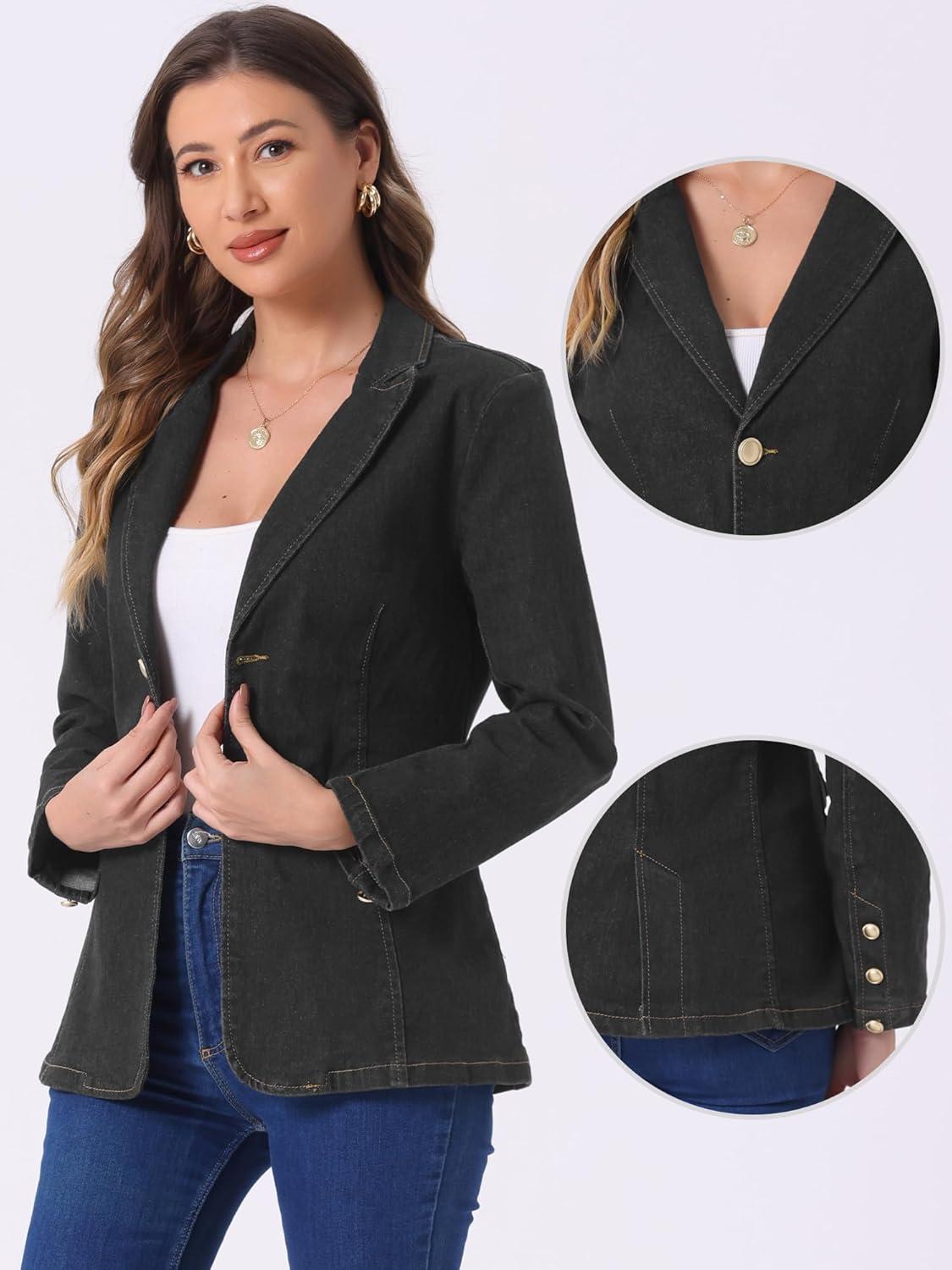 imageAllegra K Notched Lapel Blazer for Womens Denim Single Breasted Shoulder Pad Business Casual JacketsBlack