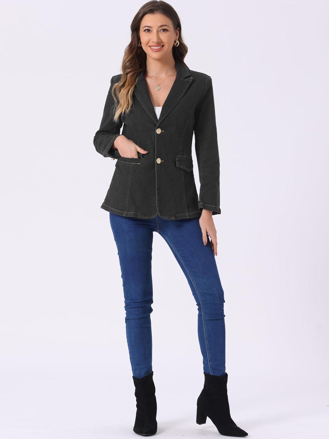 imageAllegra K Notched Lapel Blazer for Womens Denim Single Breasted Shoulder Pad Business Casual JacketsBlack