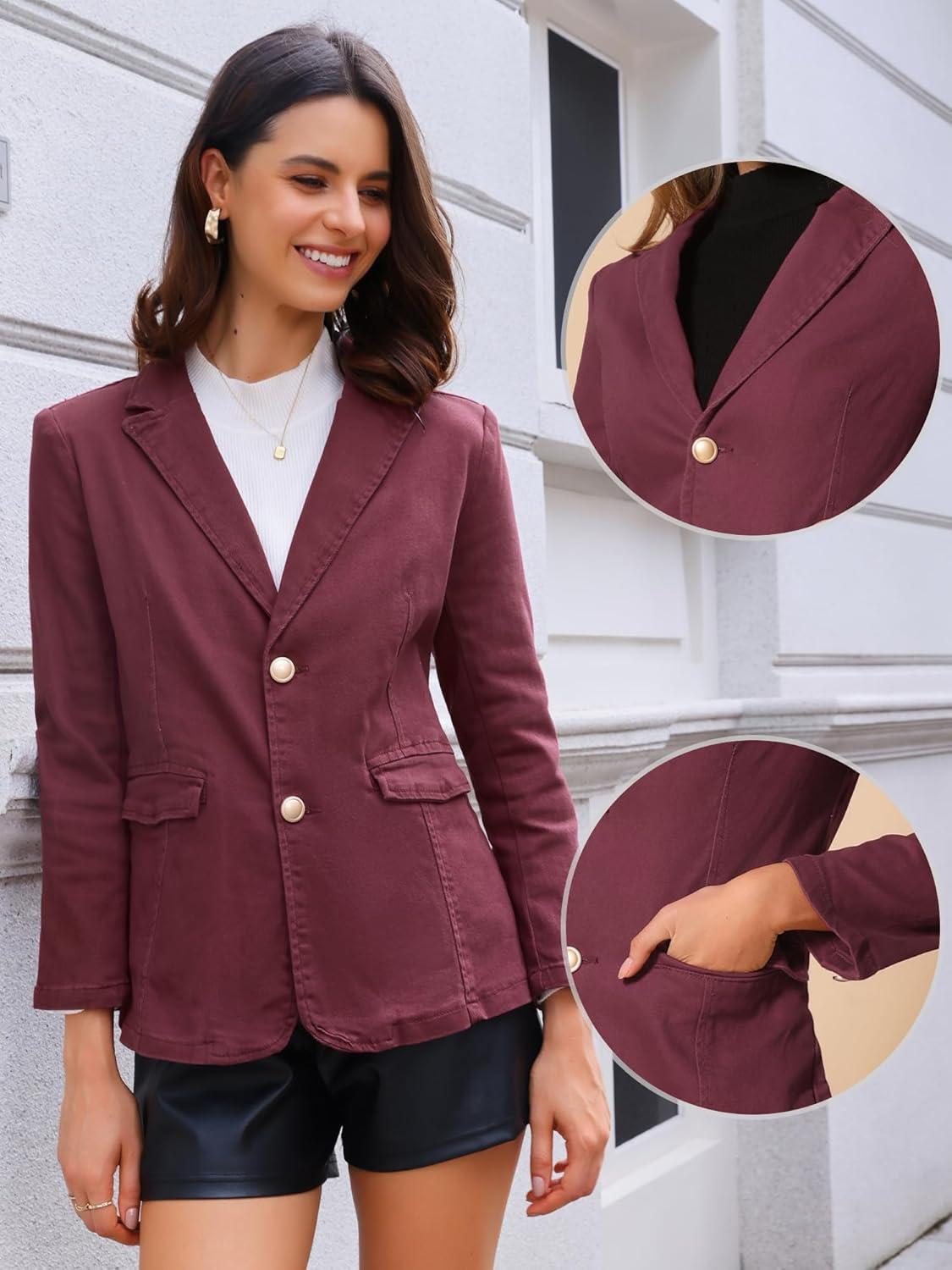 imageAllegra K Notched Lapel Blazer for Womens Denim Single Breasted Shoulder Pad Business Casual JacketsBurgundy