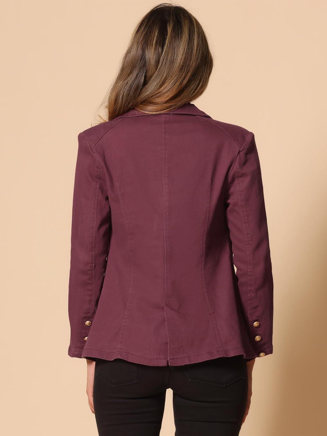 imageAllegra K Notched Lapel Blazer for Womens Denim Single Breasted Shoulder Pad Business Casual JacketsBurgundy