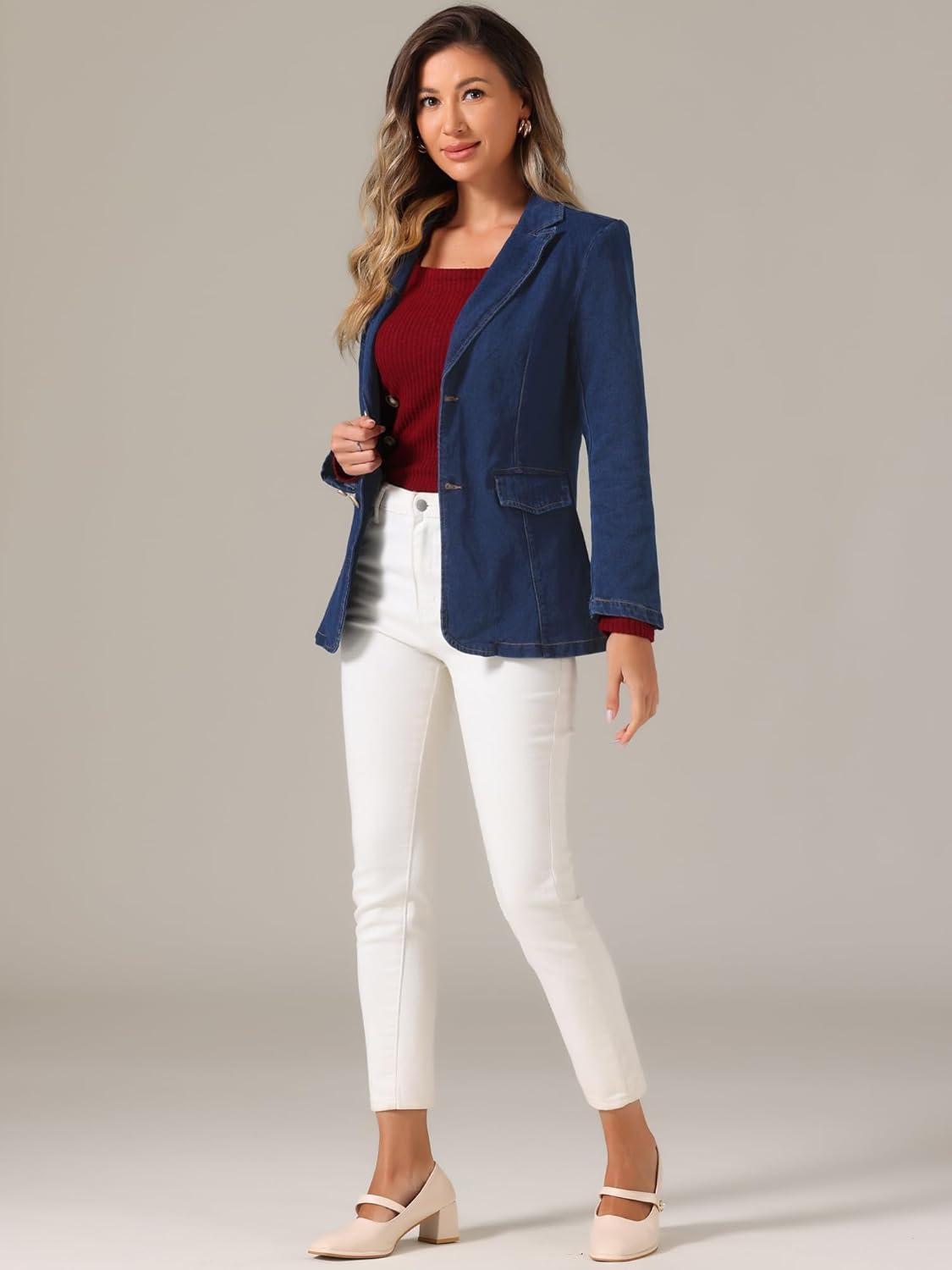 imageAllegra K Notched Lapel Blazer for Womens Denim Single Breasted Shoulder Pad Business Casual JacketsDark Blue