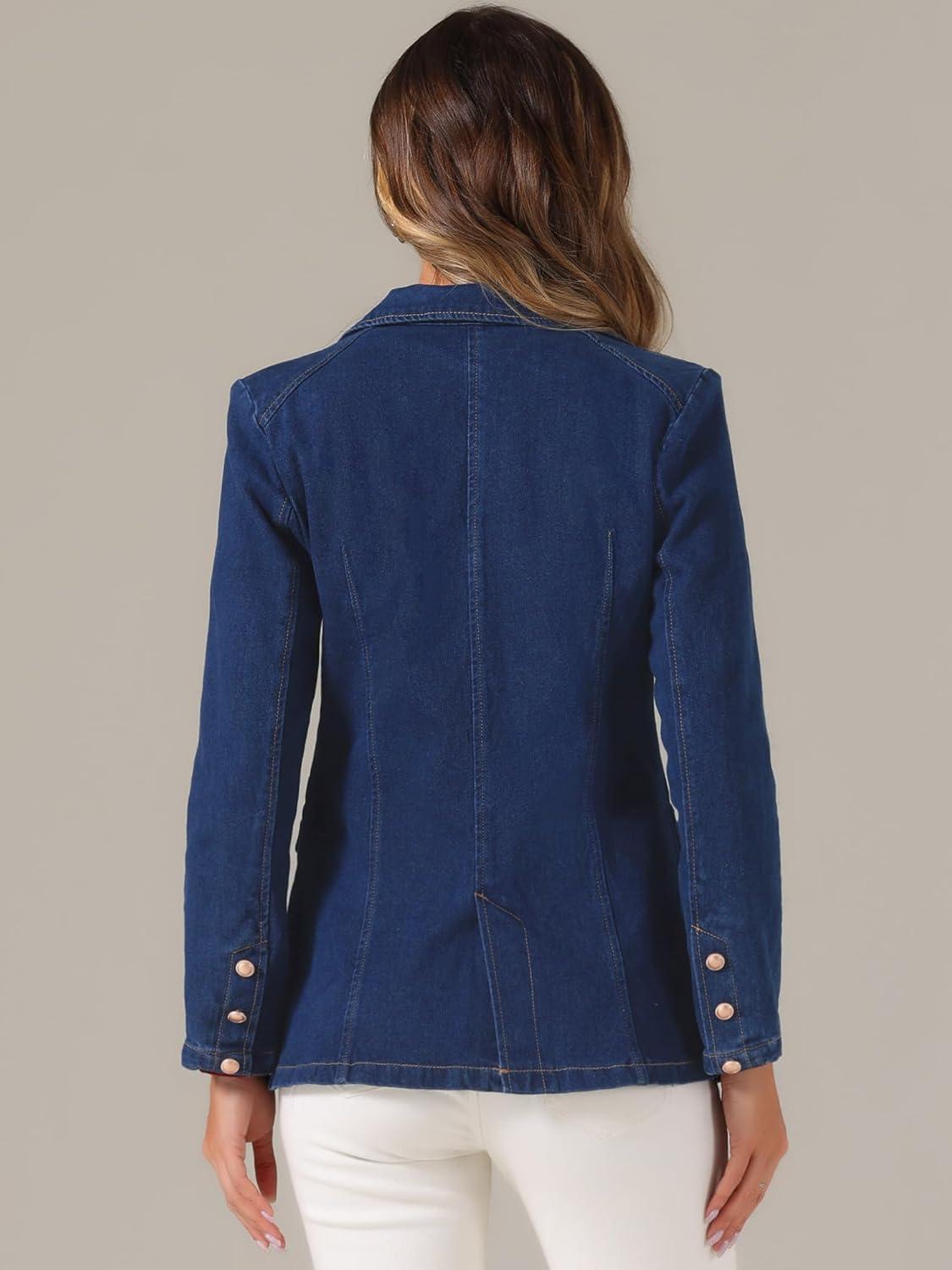 imageAllegra K Notched Lapel Blazer for Womens Denim Single Breasted Shoulder Pad Business Casual JacketsDark Blue