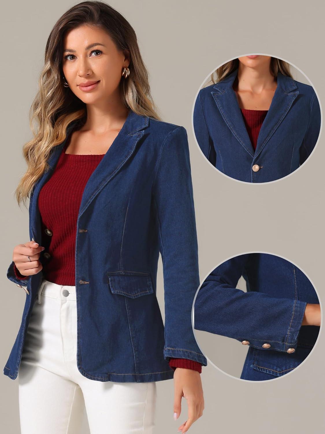 imageAllegra K Notched Lapel Blazer for Womens Denim Single Breasted Shoulder Pad Business Casual JacketsDark Blue
