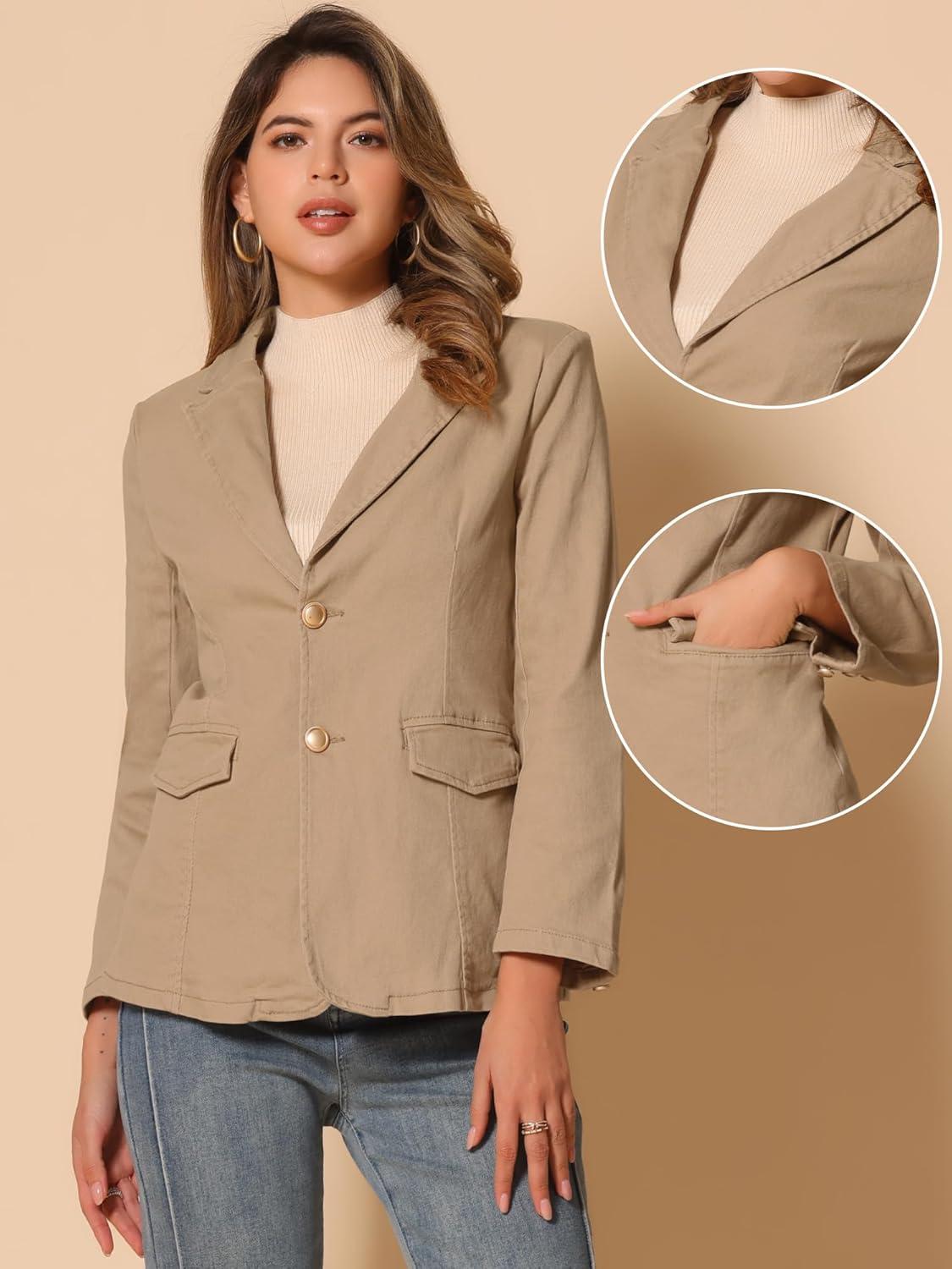 imageAllegra K Notched Lapel Blazer for Womens Denim Single Breasted Shoulder Pad Business Casual JacketsKhaki