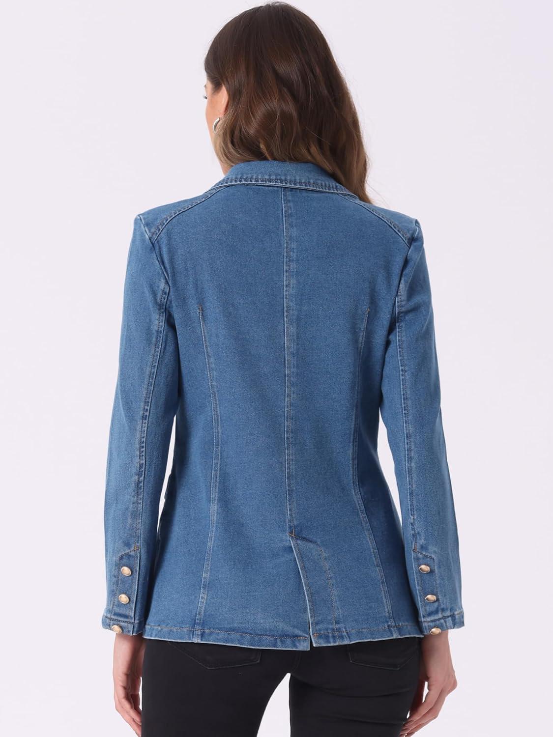 imageAllegra K Notched Lapel Blazer for Womens Denim Single Breasted Shoulder Pad Business Casual JacketsLight Blue