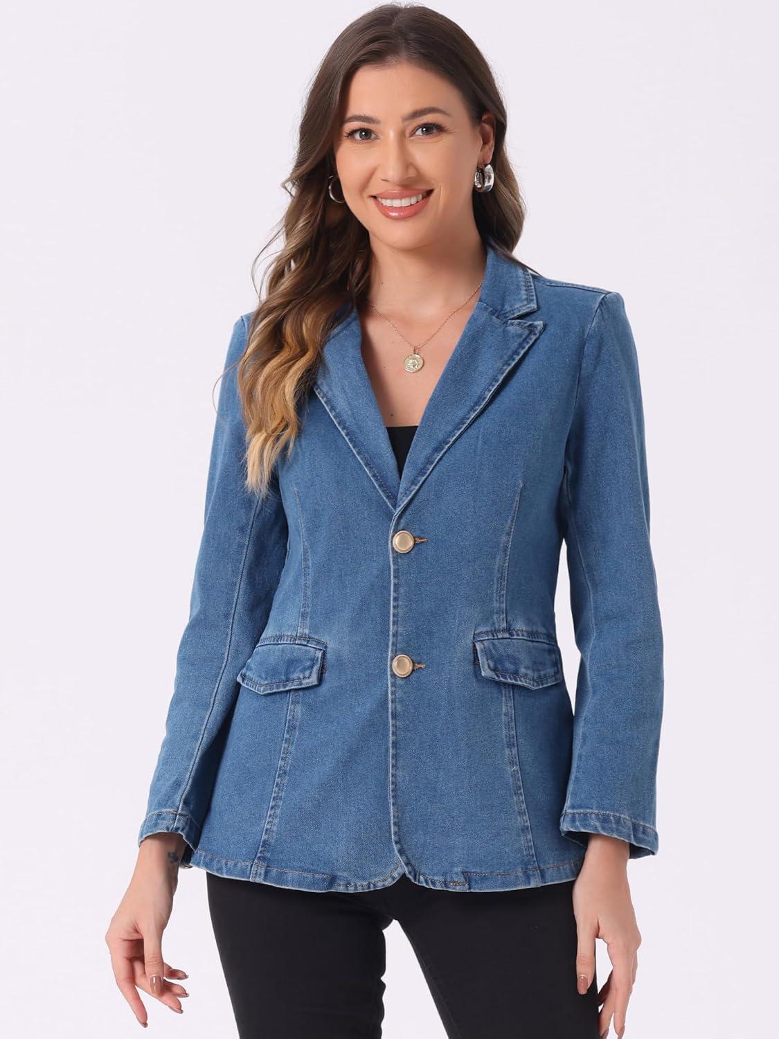 imageAllegra K Notched Lapel Blazer for Womens Denim Single Breasted Shoulder Pad Business Casual JacketsLight Blue