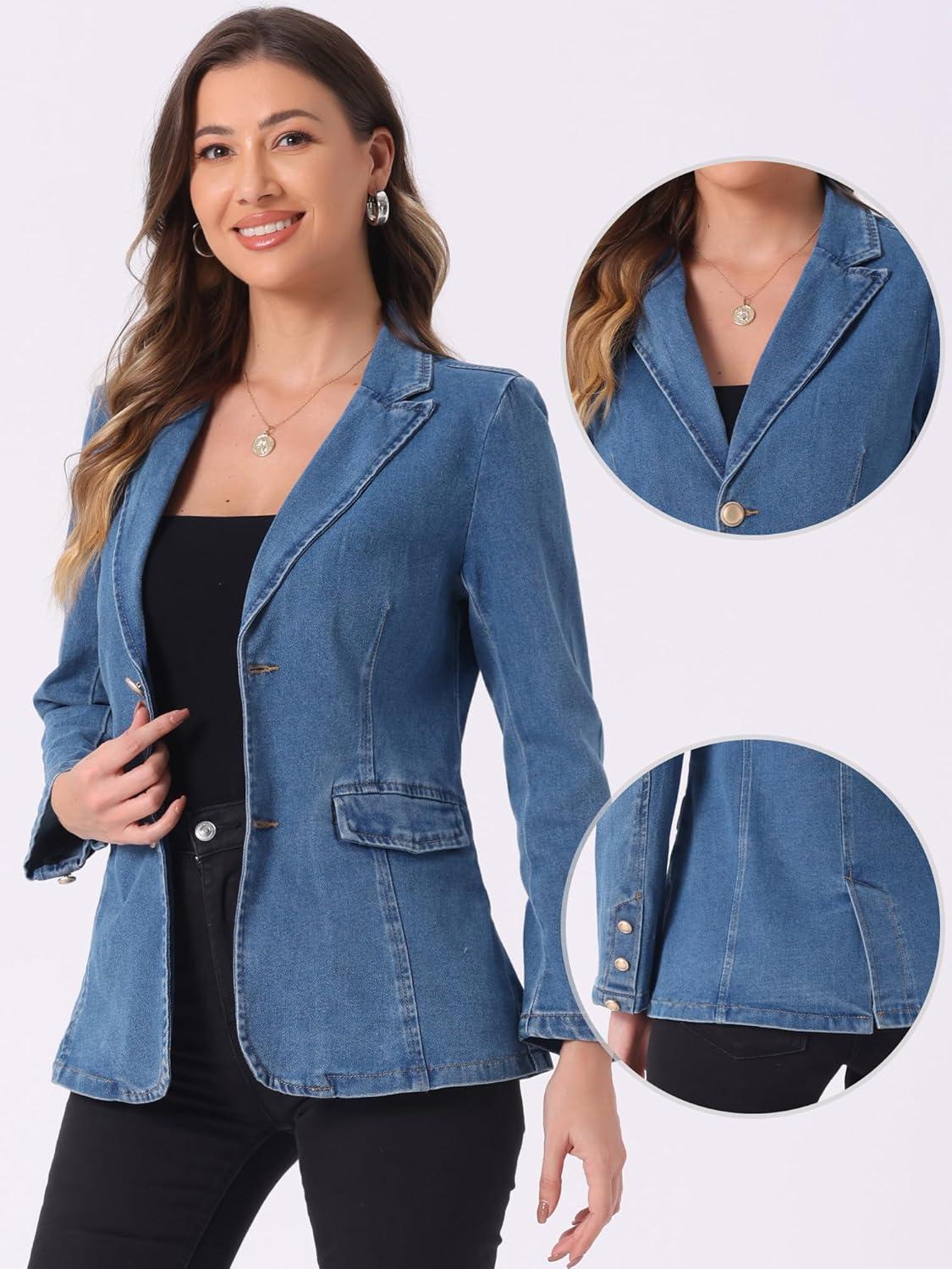 imageAllegra K Notched Lapel Blazer for Womens Denim Single Breasted Shoulder Pad Business Casual JacketsLight Blue