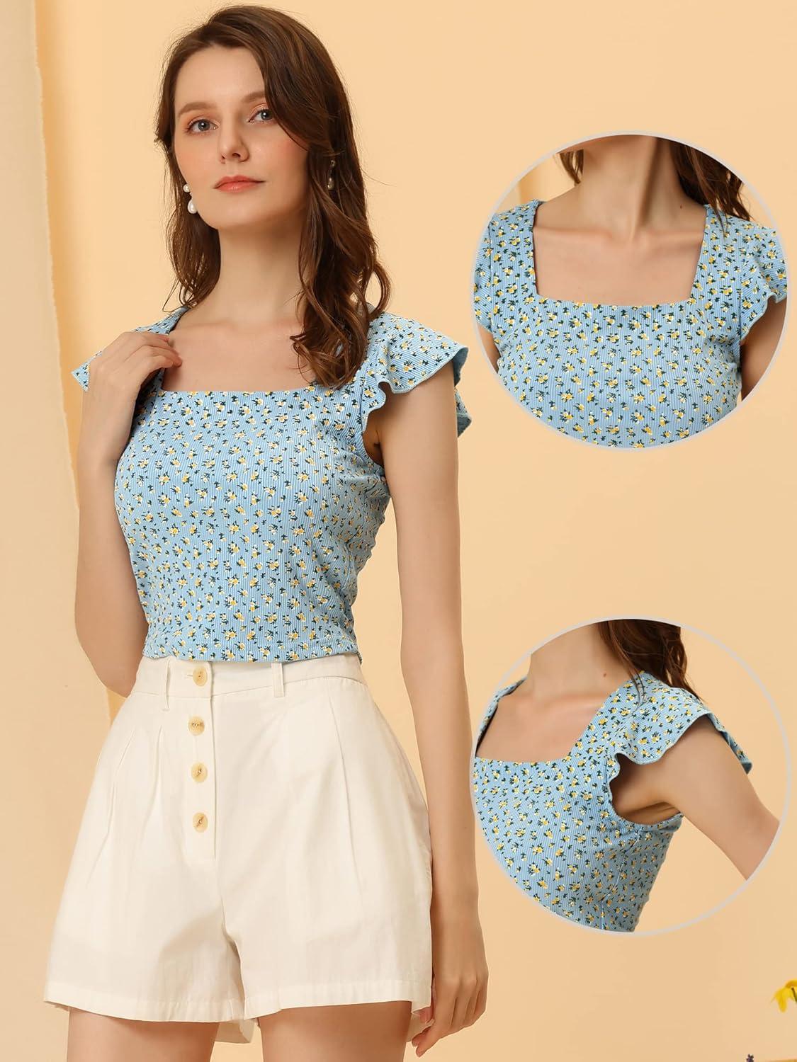 imageAllegra K Square Neck Crop Tops for Womens Short Sleeve Ditsy Floral Rib Knit Tee ShirtsGrey Blue