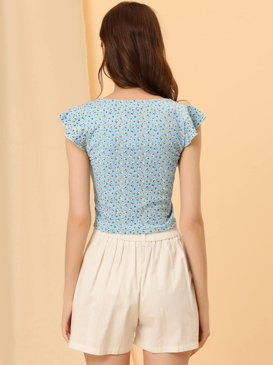imageAllegra K Square Neck Crop Tops for Womens Short Sleeve Ditsy Floral Rib Knit Tee ShirtsGrey Blue
