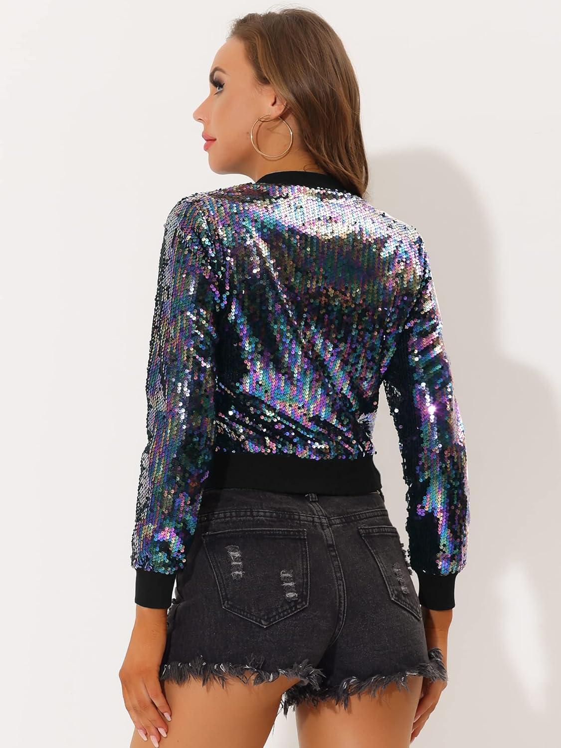 imageAllegra K Women Sequin Bomber Jackets Halloween Sparkly Long Sleeve Zip Front Shiny Cropped Jacket Glitter Party Disco OutfitBlack Rainbow