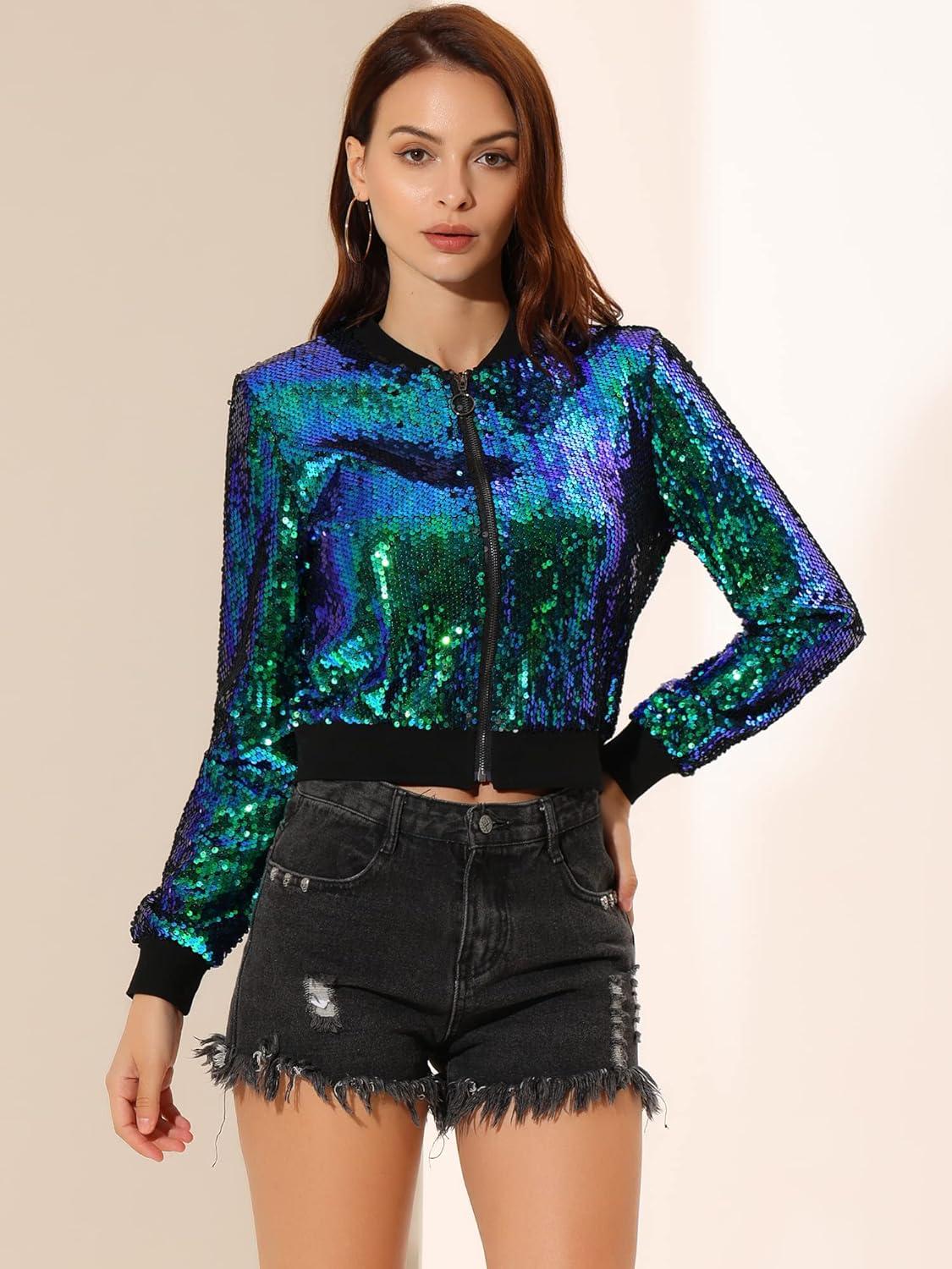 imageAllegra K Women Sequin Bomber Jackets Halloween Sparkly Long Sleeve Zip Front Shiny Cropped Jacket Glitter Party Disco OutfitGreen