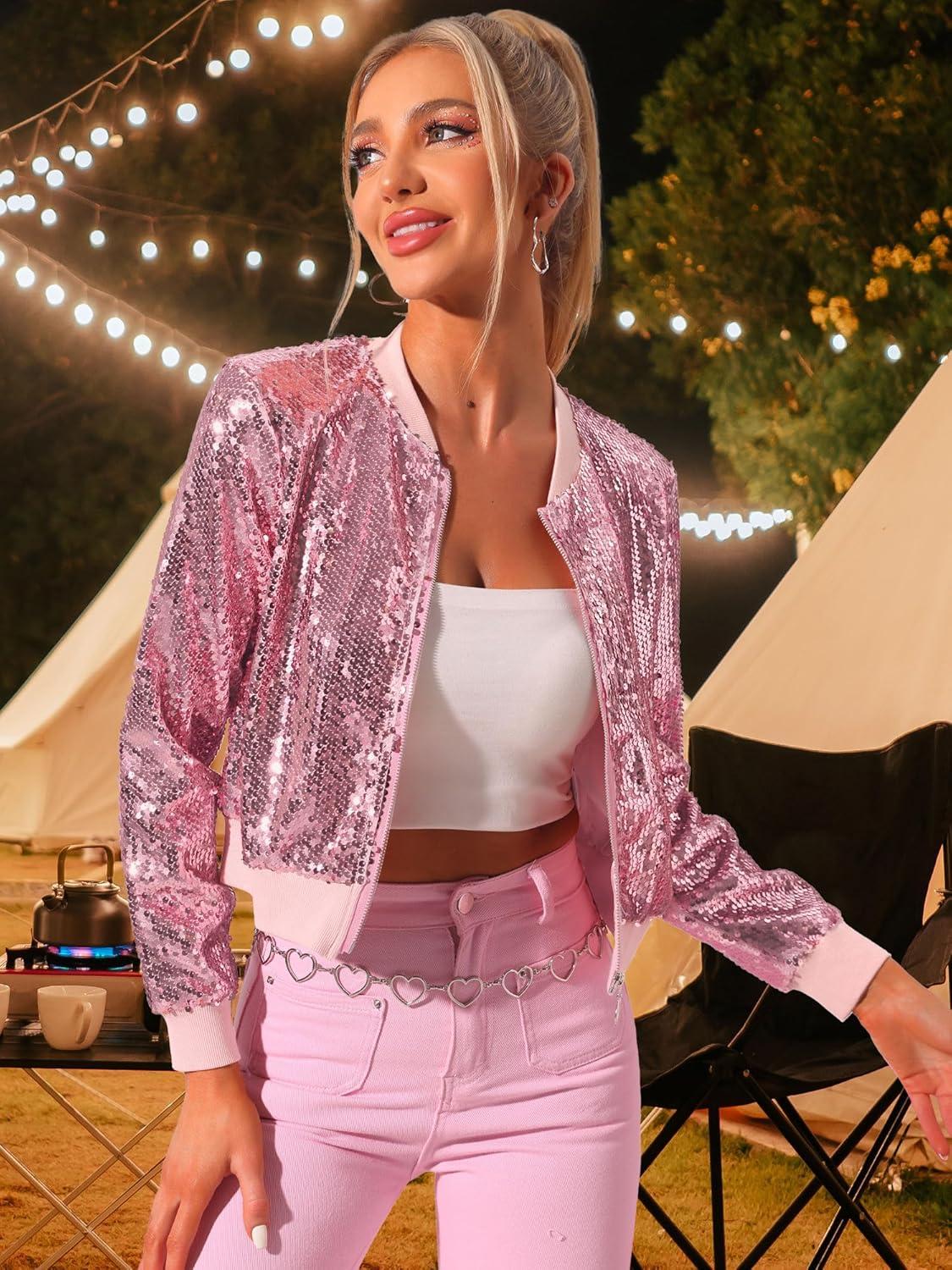 imageAllegra K Women Sequin Bomber Jackets Halloween Sparkly Long Sleeve Zip Front Shiny Cropped Jacket Glitter Party Disco OutfitPink