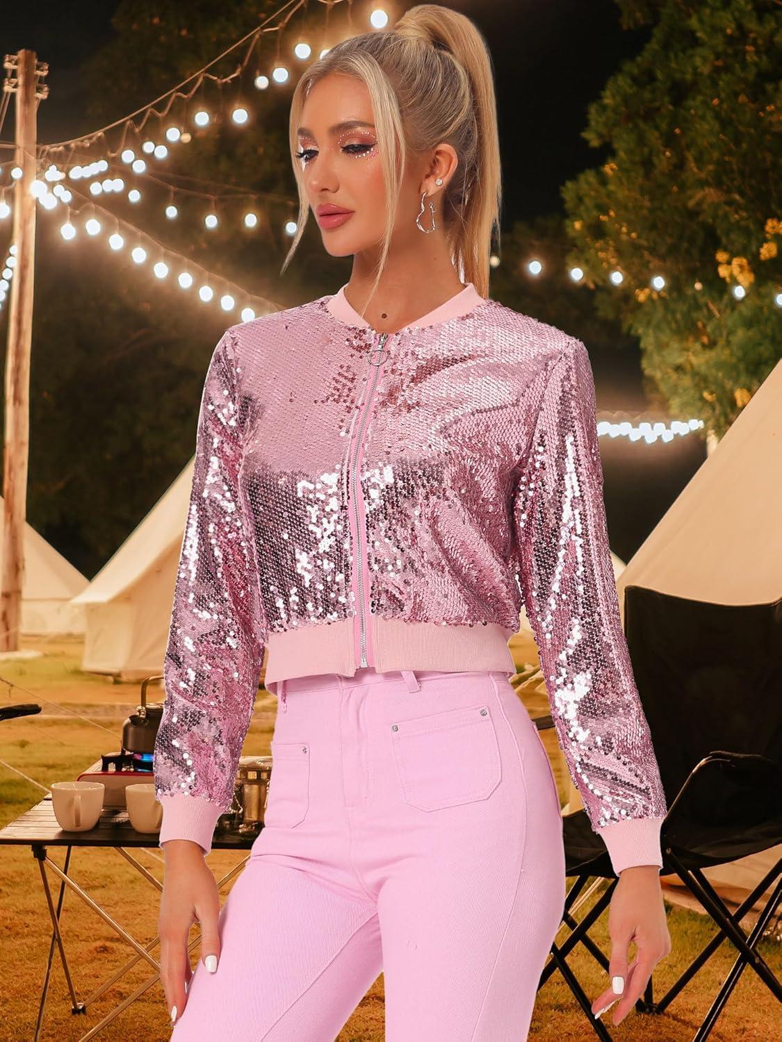 imageAllegra K Women Sequin Bomber Jackets Halloween Sparkly Long Sleeve Zip Front Shiny Cropped Jacket Glitter Party Disco OutfitPink
