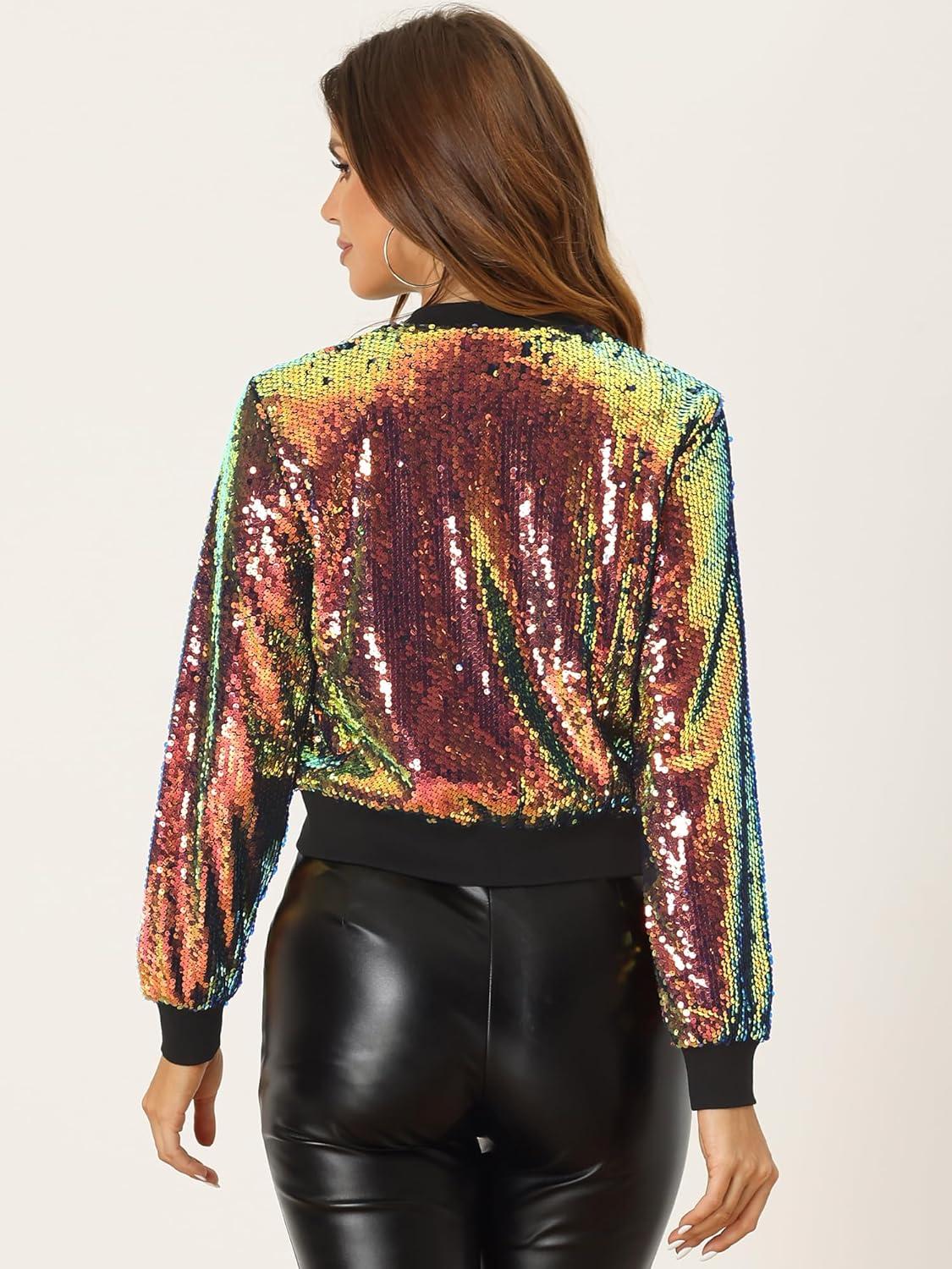 imageAllegra K Women Sequin Bomber Jackets Halloween Sparkly Long Sleeve Zip Front Shiny Cropped Jacket Glitter Party Disco OutfitShiny Orange