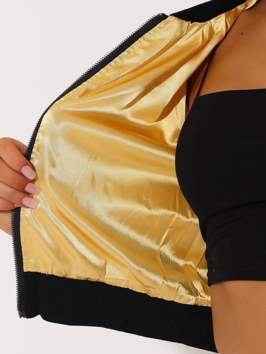 imageAllegra K Women Sequin Bomber Jackets Halloween Sparkly Long Sleeve Zip Front Shiny Cropped Jacket Glitter Party Disco OutfitYellow