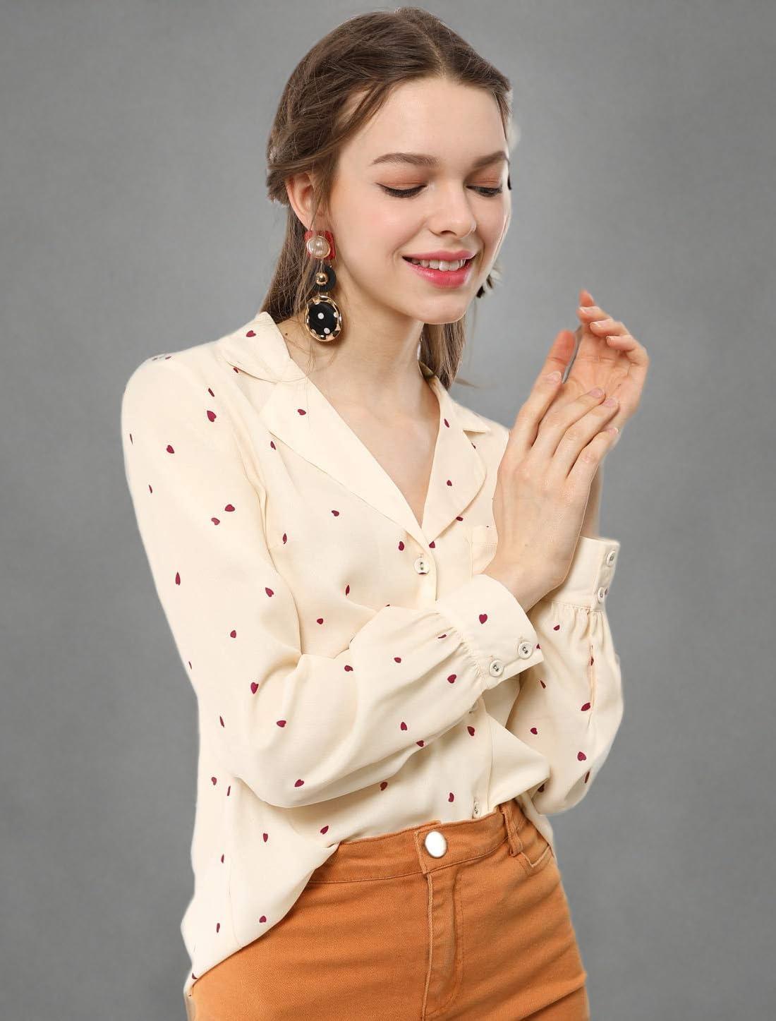 imageAllegra K Womens 1950s Vintage Long Sleeve Printed Button Down TopsBeige Heart