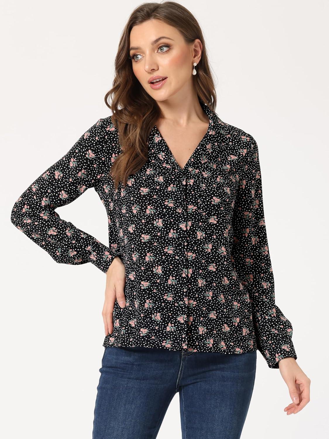 imageAllegra K Womens 1950s Vintage Long Sleeve Printed Button Down TopsBlack Floral