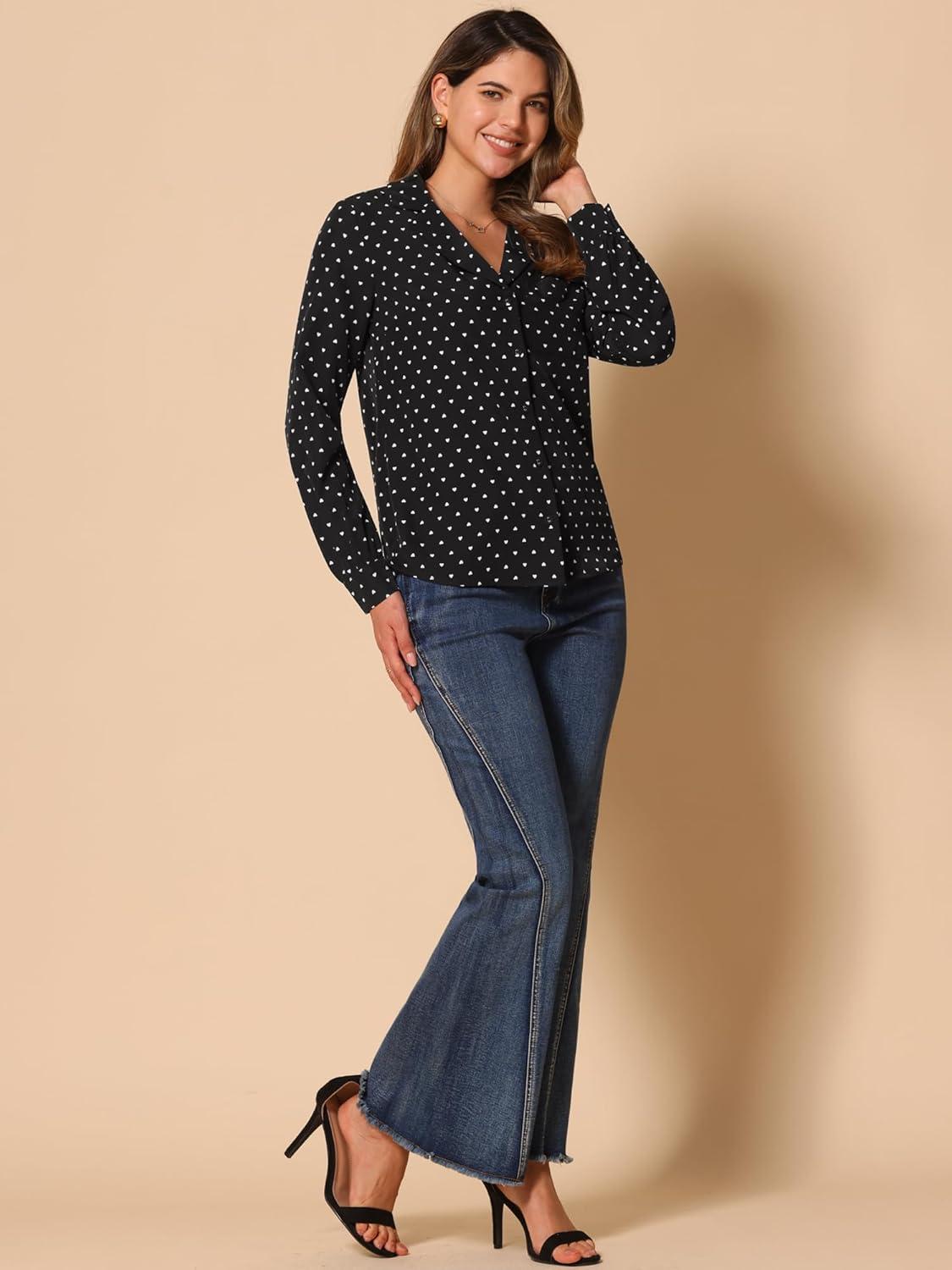 imageAllegra K Womens 1950s Vintage Long Sleeve Printed Button Down TopsBlack Heart