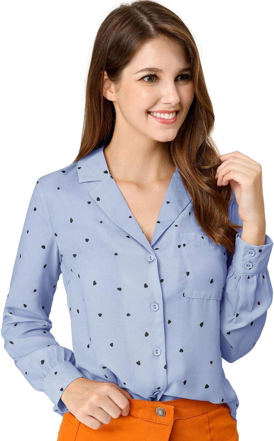 imageAllegra K Womens 1950s Vintage Long Sleeve Printed Button Down TopsBlue Heart