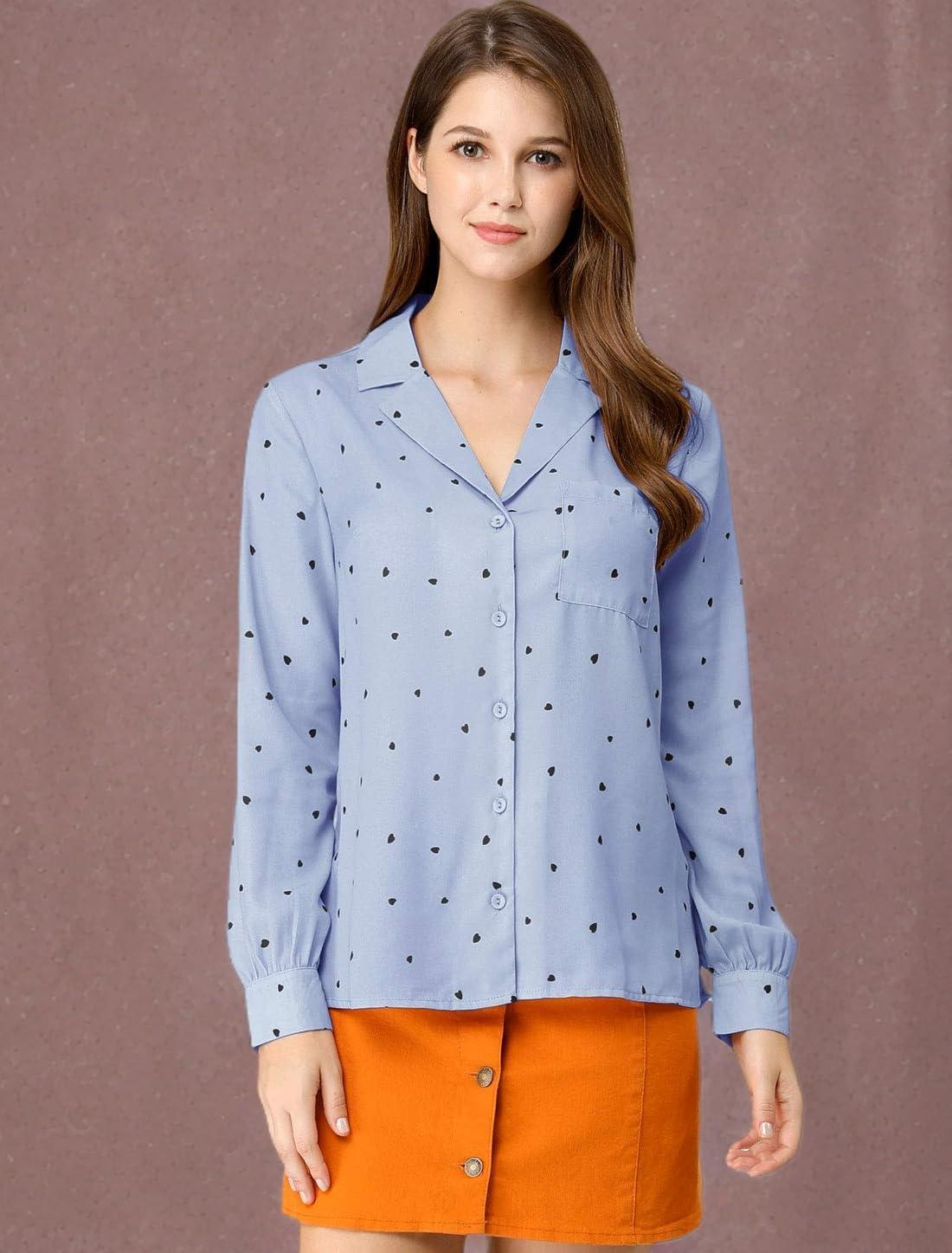 imageAllegra K Womens 1950s Vintage Long Sleeve Printed Button Down TopsBlue Heart