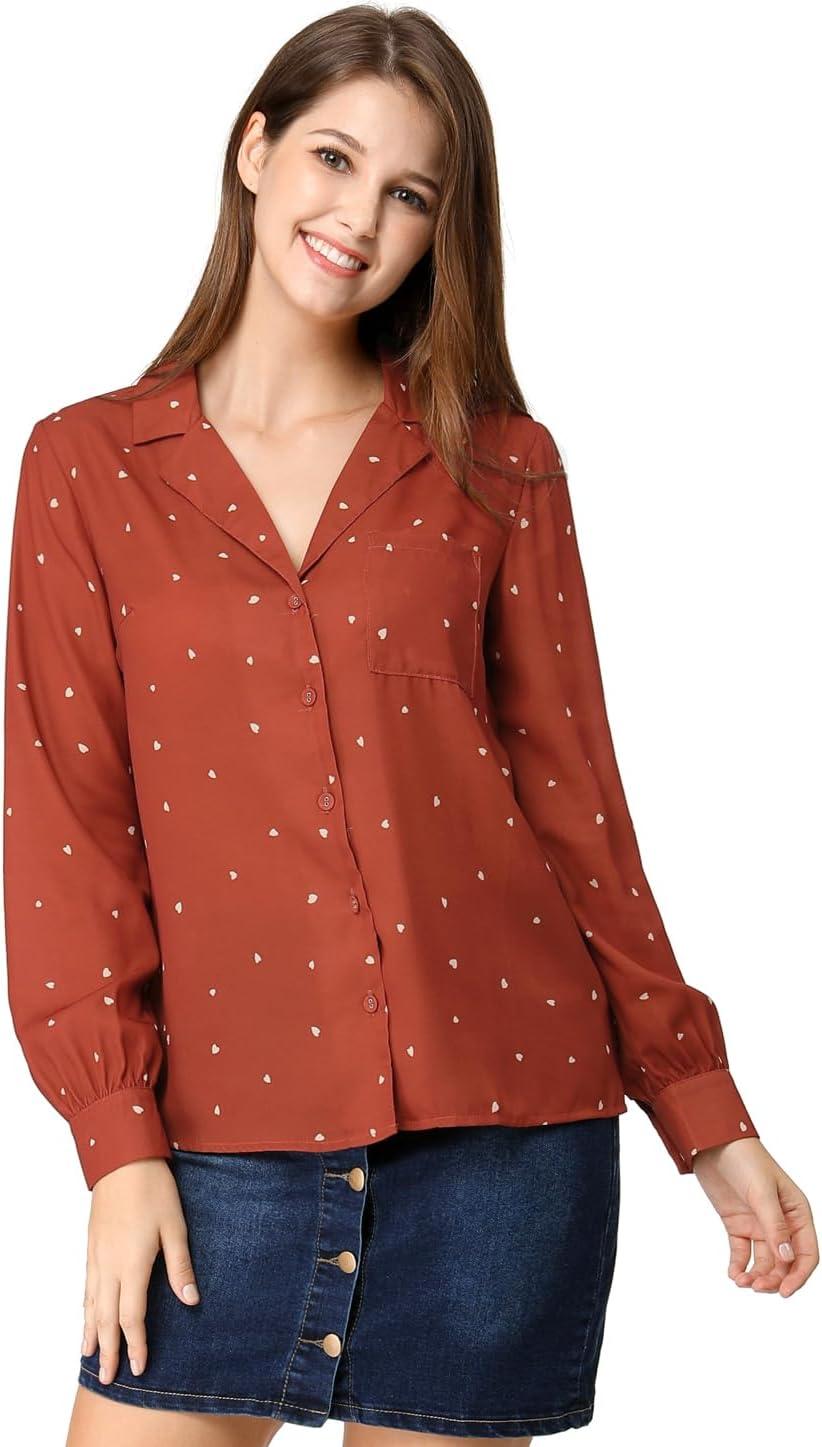 imageAllegra K Womens 1950s Vintage Long Sleeve Printed Button Down TopsBrown Red