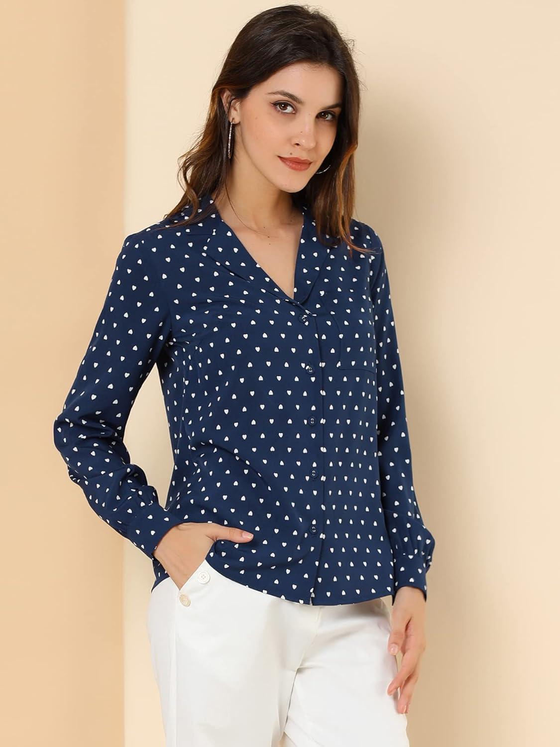 imageAllegra K Womens 1950s Vintage Long Sleeve Printed Button Down TopsDark Blue Heart
