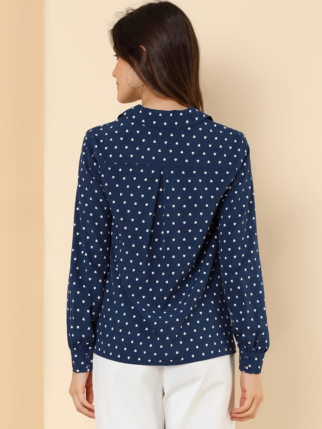 imageAllegra K Womens 1950s Vintage Long Sleeve Printed Button Down TopsDark Blue Heart