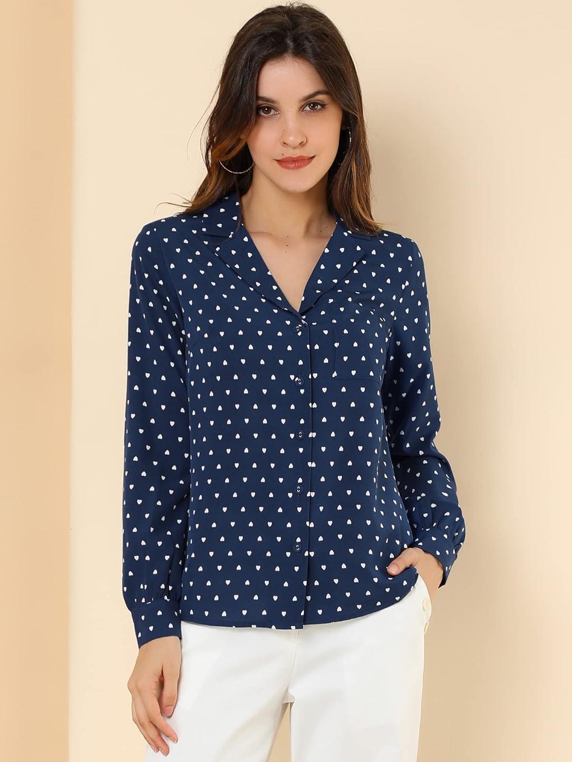 imageAllegra K Womens 1950s Vintage Long Sleeve Printed Button Down TopsDark Blue Heart
