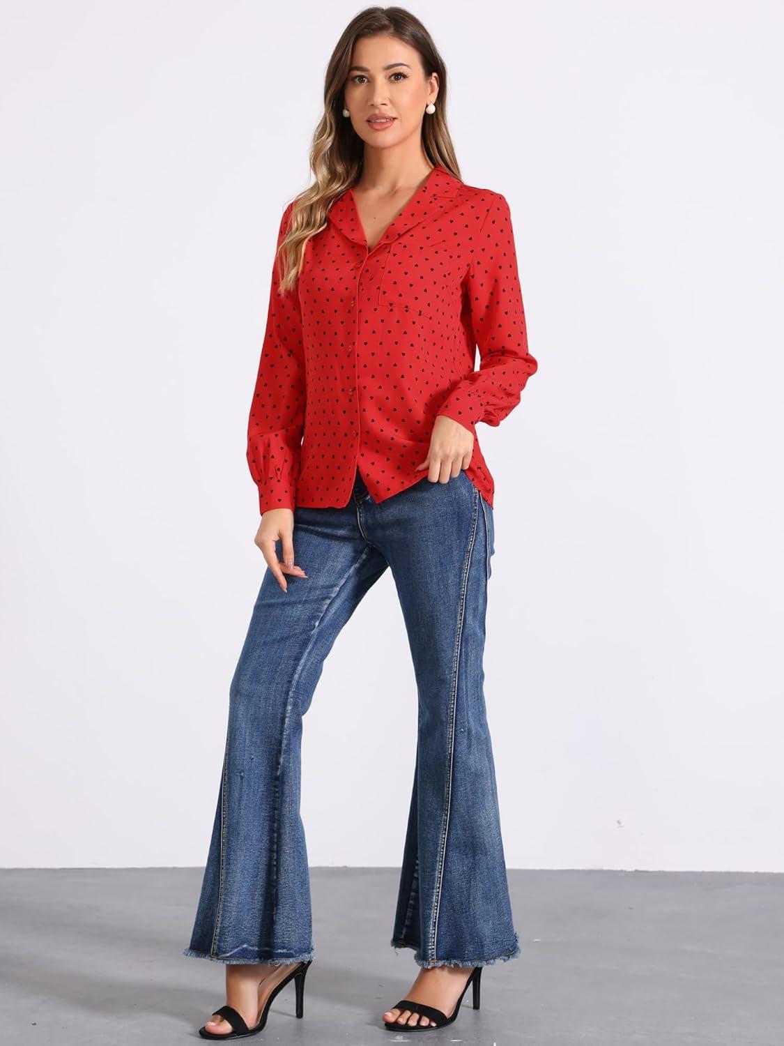 imageAllegra K Womens 1950s Vintage Long Sleeve Printed Button Down TopsDark Red Heart