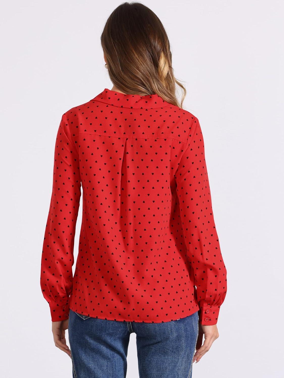 imageAllegra K Womens 1950s Vintage Long Sleeve Printed Button Down TopsDark Red Heart