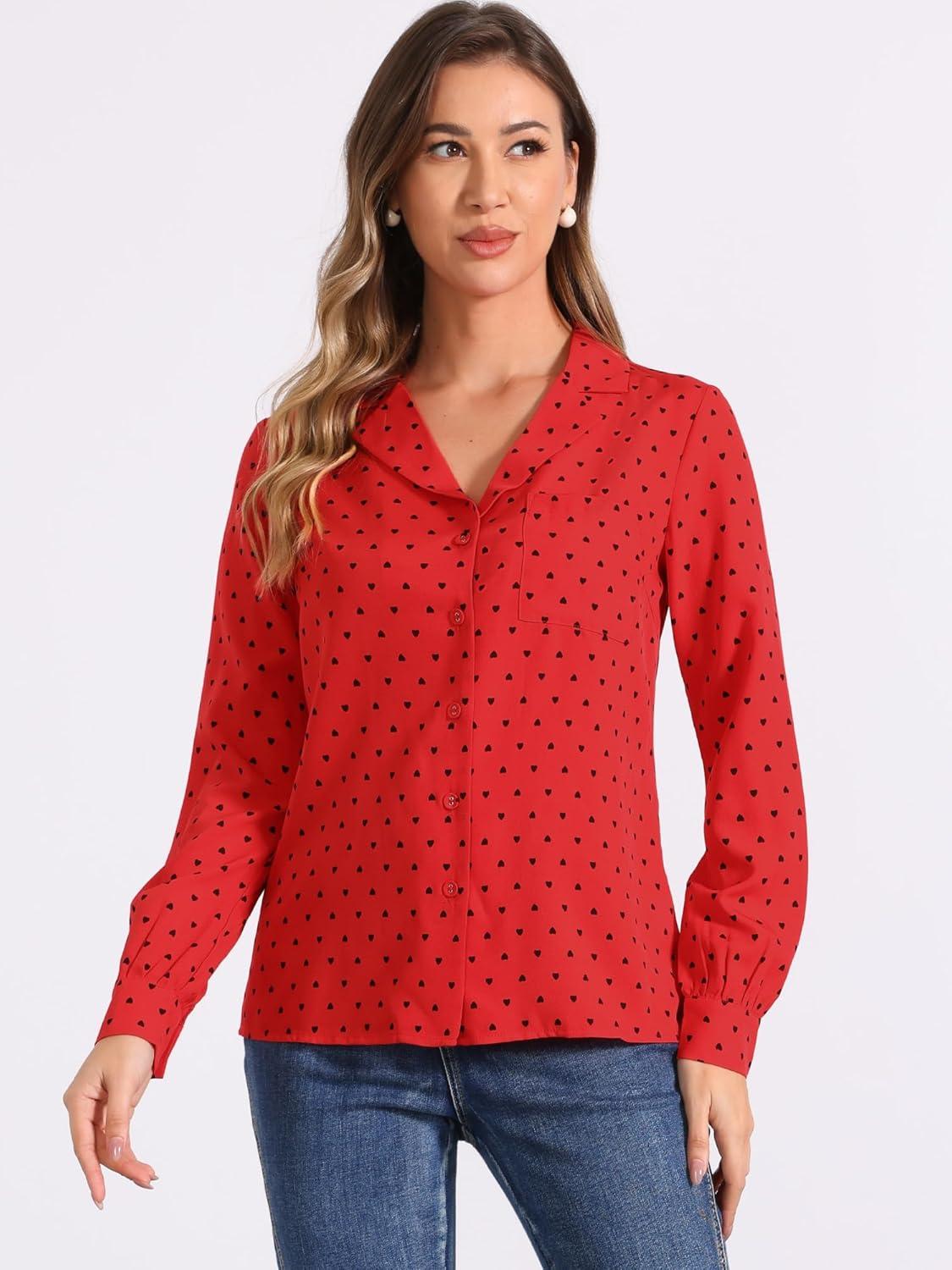 imageAllegra K Womens 1950s Vintage Long Sleeve Printed Button Down TopsDark Red Heart