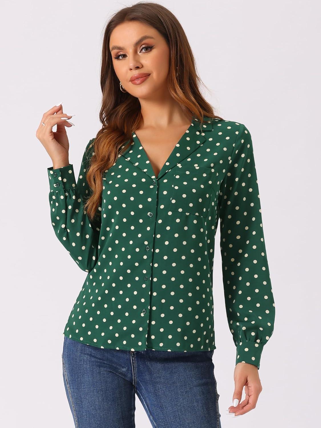 imageAllegra K Womens 1950s Vintage Long Sleeve Printed Button Down TopsGreen Dot