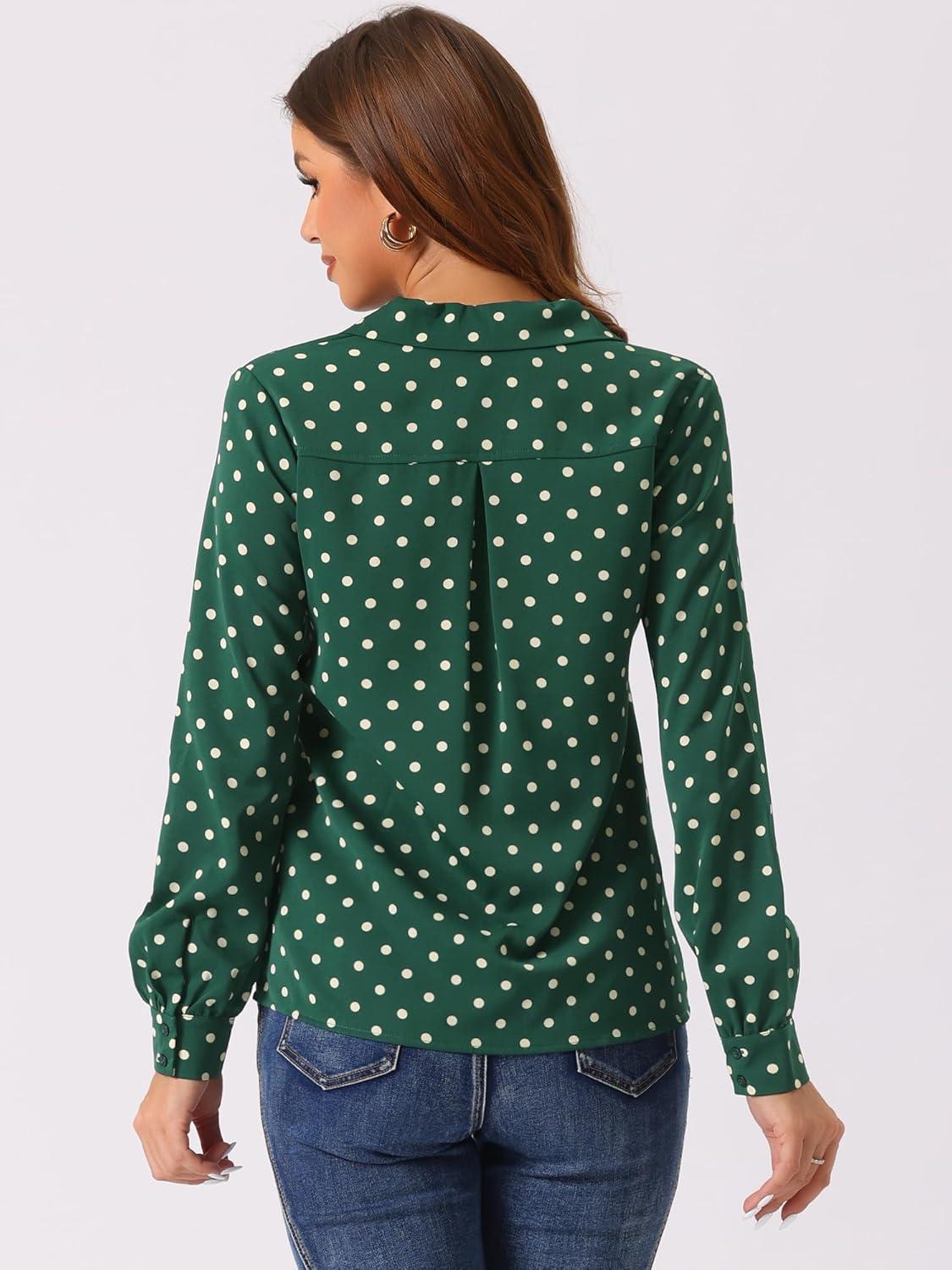 imageAllegra K Womens 1950s Vintage Long Sleeve Printed Button Down TopsGreen Dot