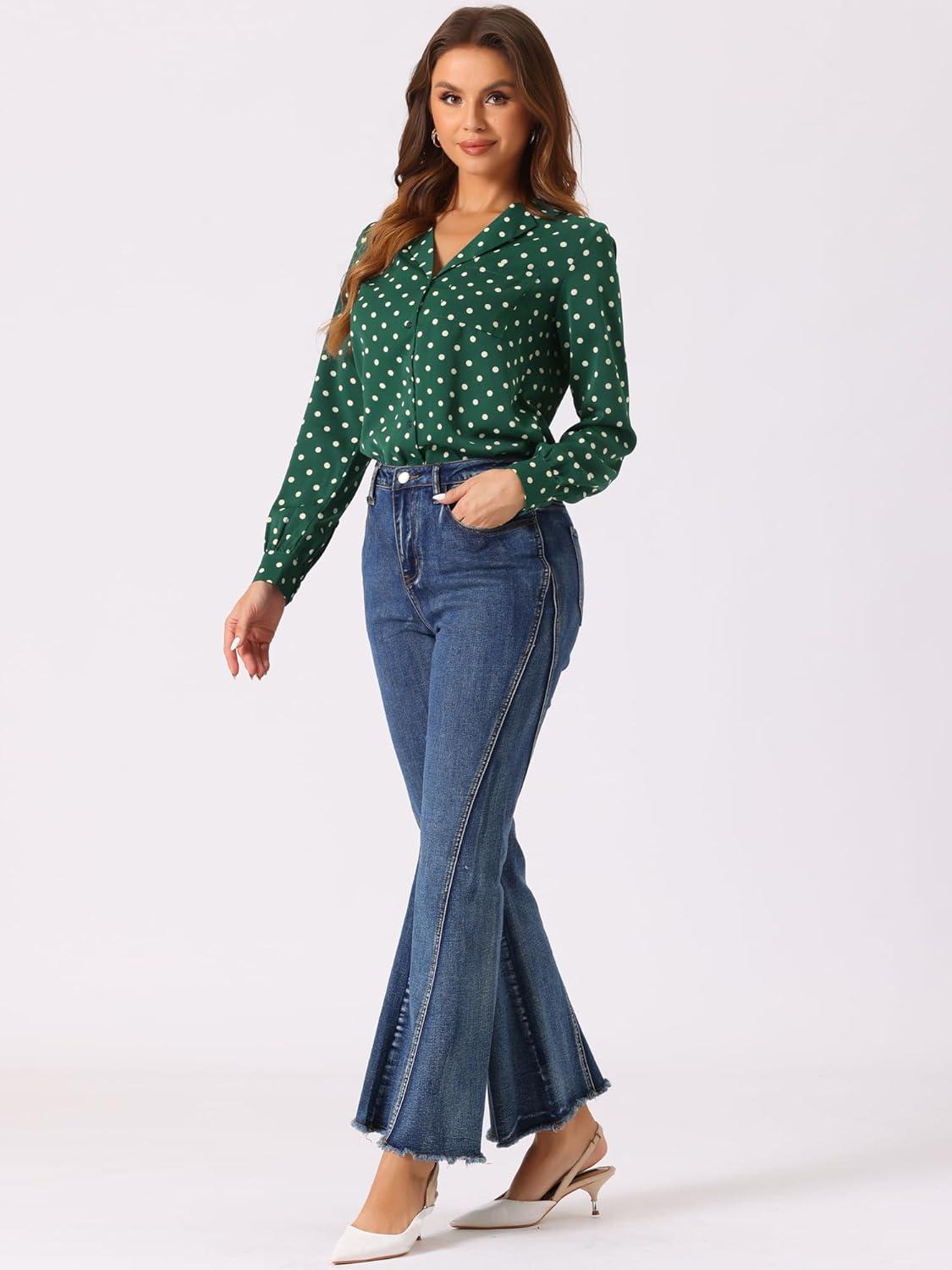 imageAllegra K Womens 1950s Vintage Long Sleeve Printed Button Down TopsGreen Dot