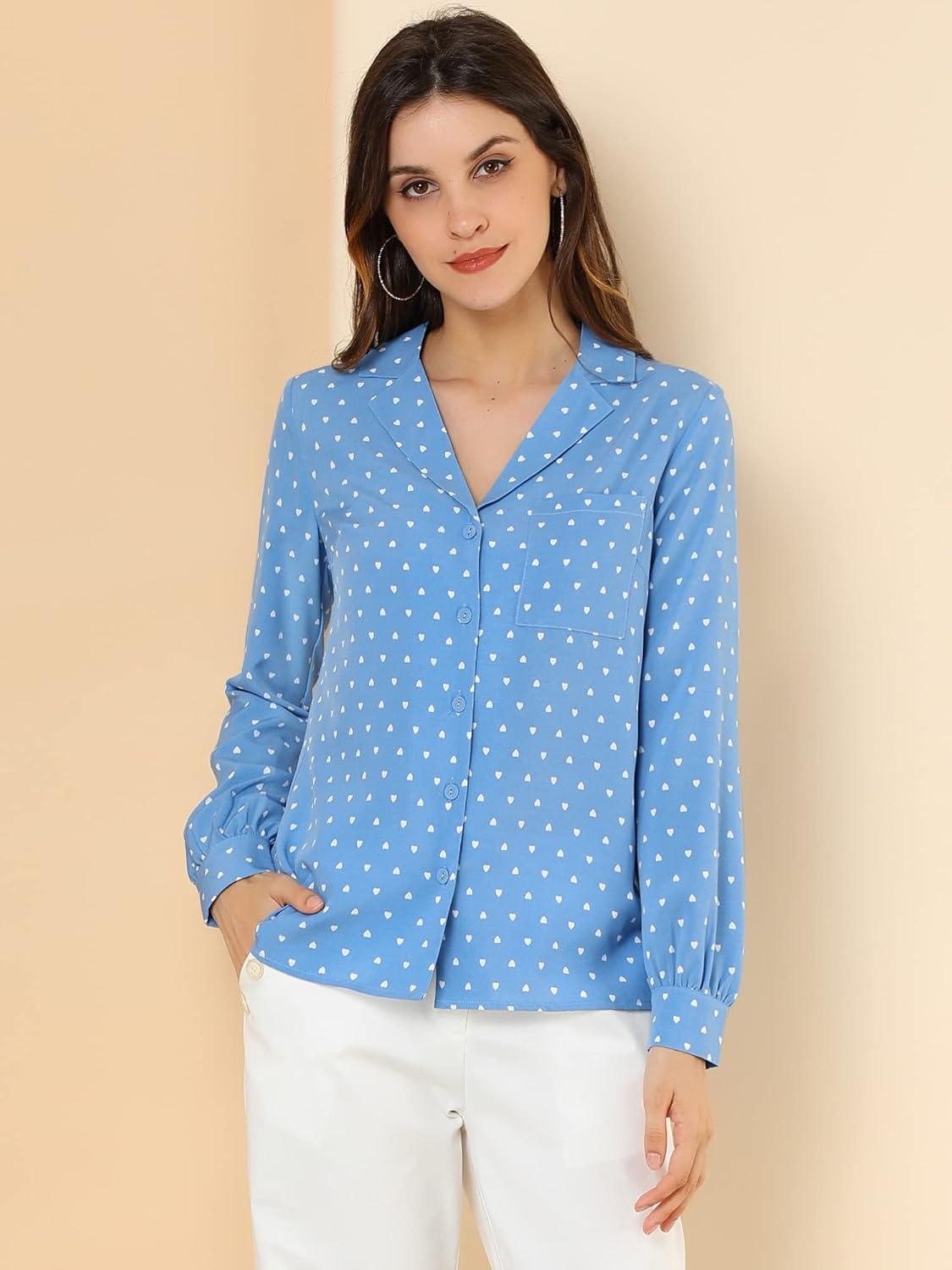 imageAllegra K Womens 1950s Vintage Long Sleeve Printed Button Down TopsLight Blue Heart